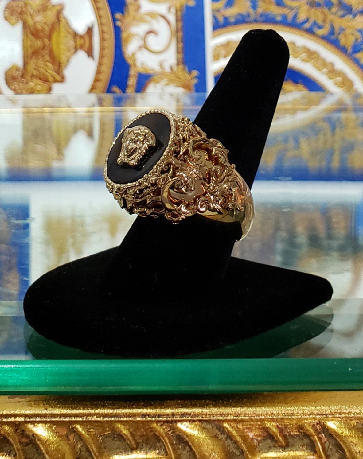 NEW VERSACE 24K GOLD PLATED MEDUSA RING with BLACK size 9.5 2