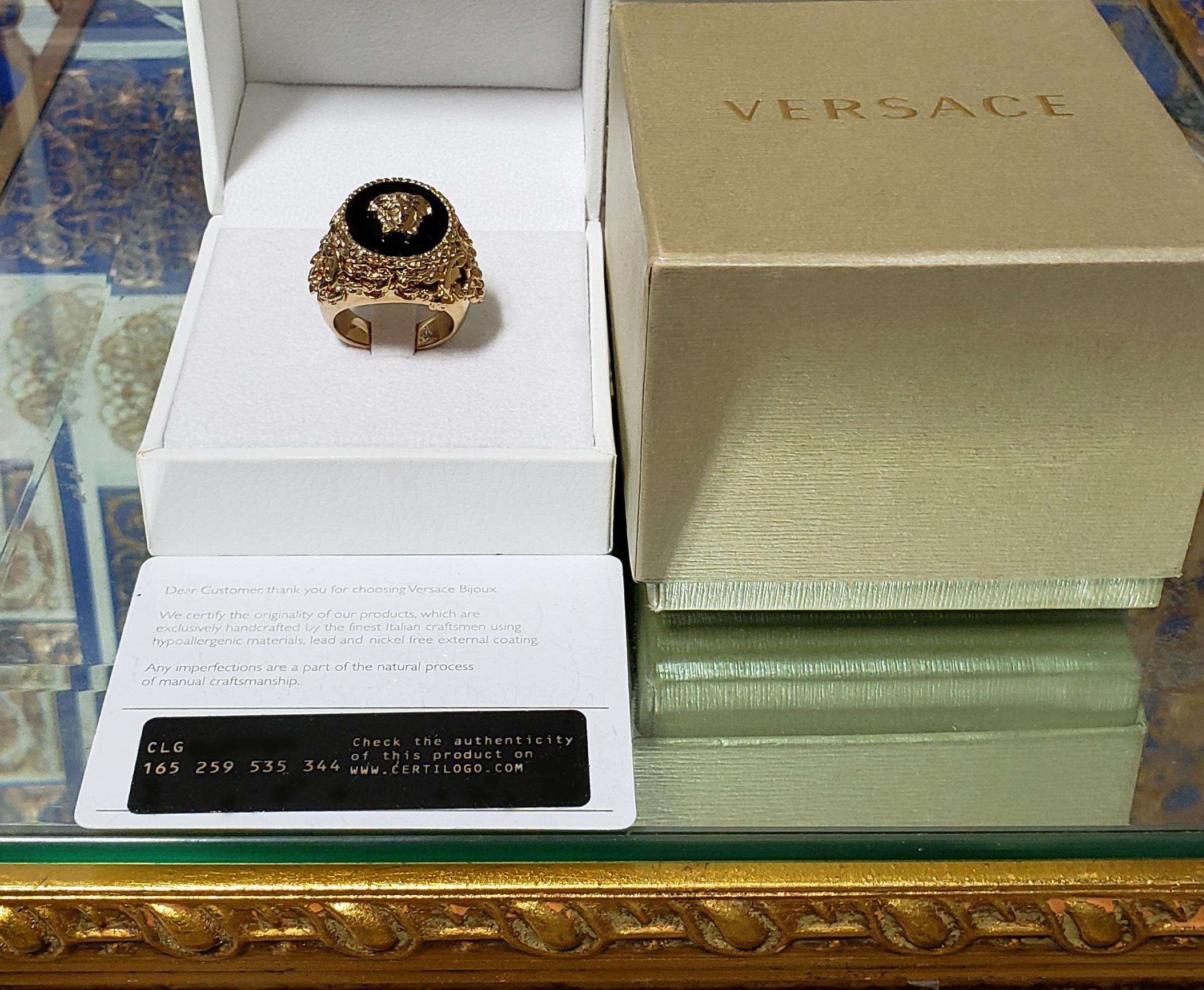 NEW VERSACE 24K GOLD PLATED MEDUSA RING with BLACK size 9.5 4