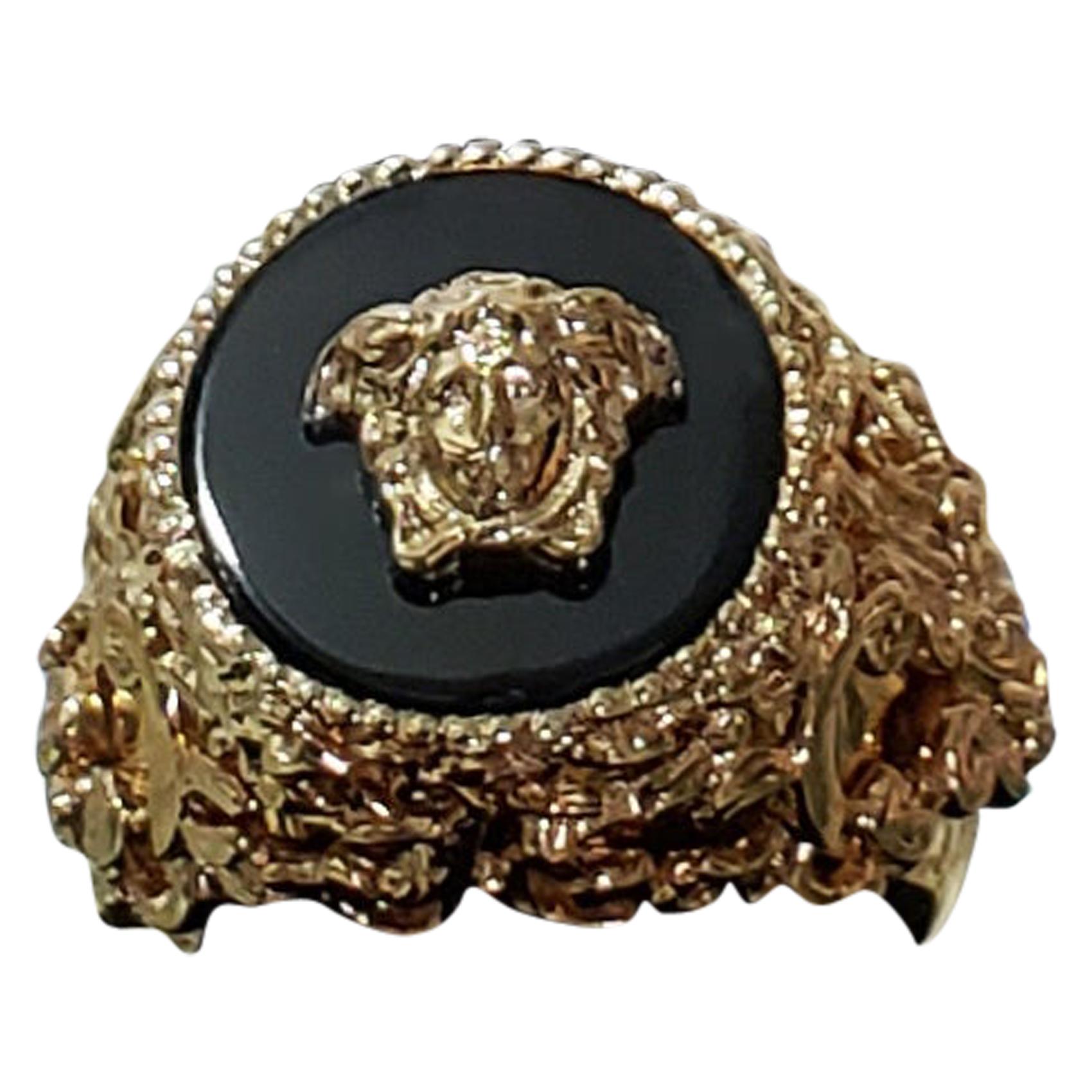 NEW VERSACE 24K GOLD PLATED MEDUSA RING with BLACK size 9.5