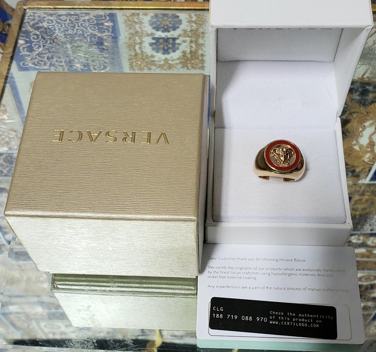 NEW VERSACE 24K GOLD PLATED MEDUSA RING with RED size 8.5 For Sale at  1stDibs