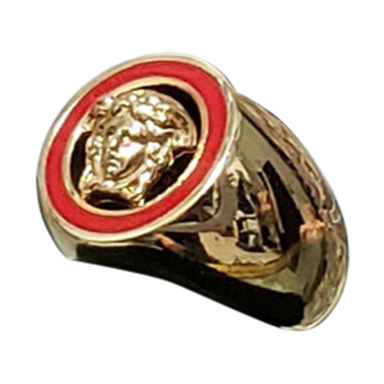 NEW VERSACE 24K GOLD PLATED MEDUSA RING with RED size 8 For Sale