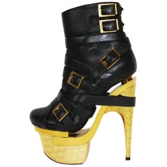 New Versace 3 x Platform Multi Buckle Honeycomb Design Gold Black Ankle Boots 38