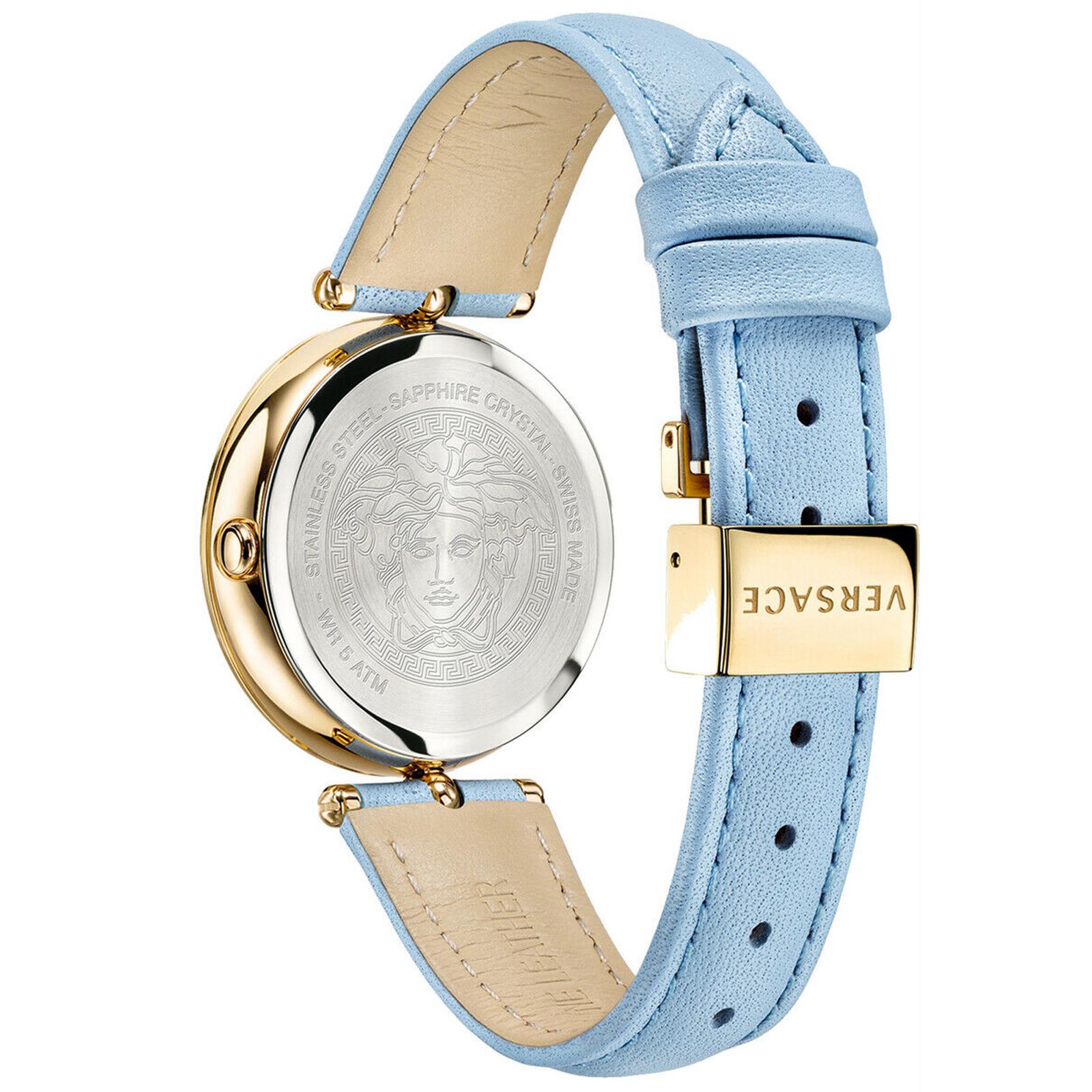 new VERSACE 39mm Palazzo Medusa gold plated Greca bezel blue strap ladies watch
Brand: Versace
Designer: Donatella Versace
Collection: Spring Summer 2018
Model Name / Style: Palazzo Empire watch
Material: Metal, leather
Color: Blue
Pattern: