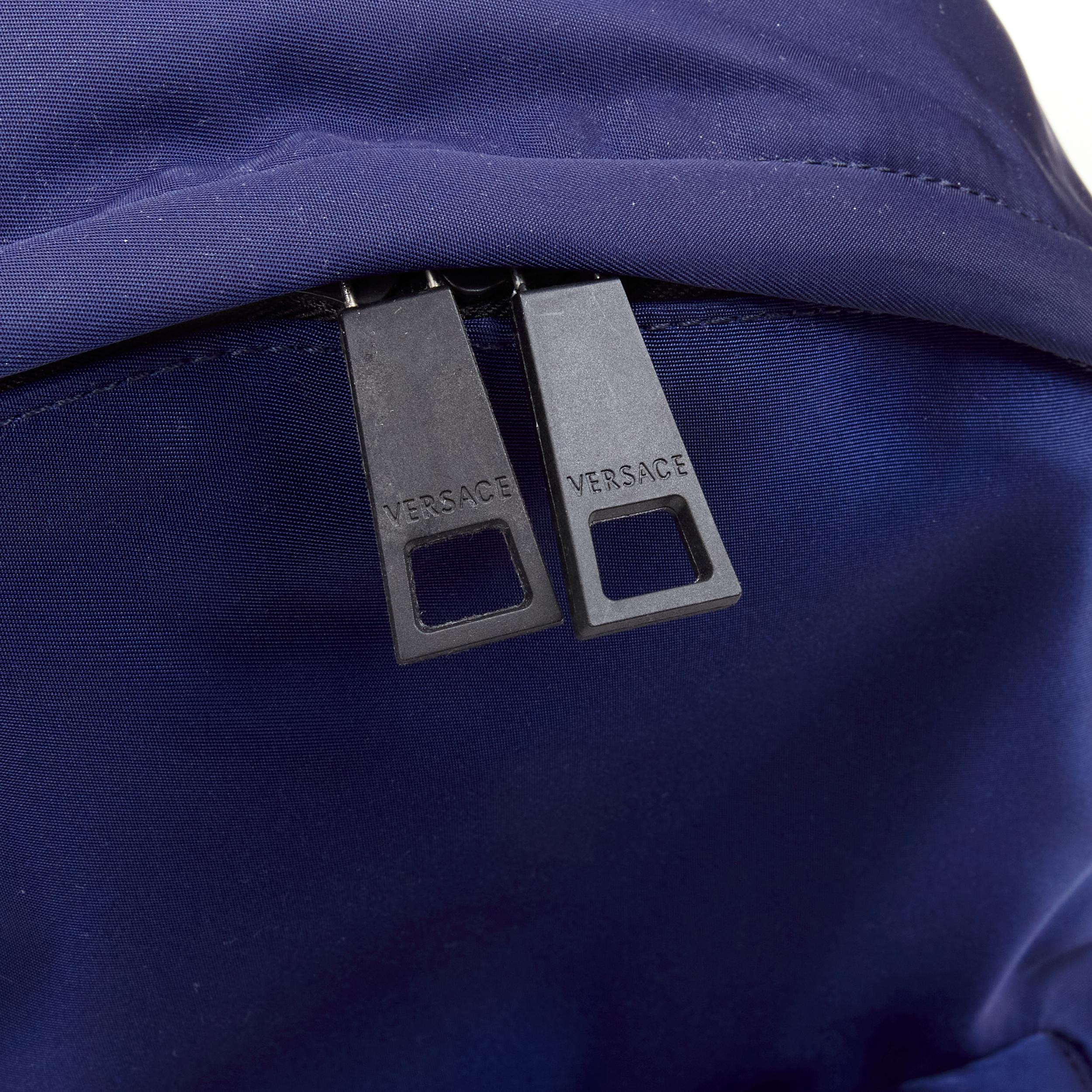 Men's new VERSACE 90's Box Logo navy blue nylon Greca strap backpack For Sale
