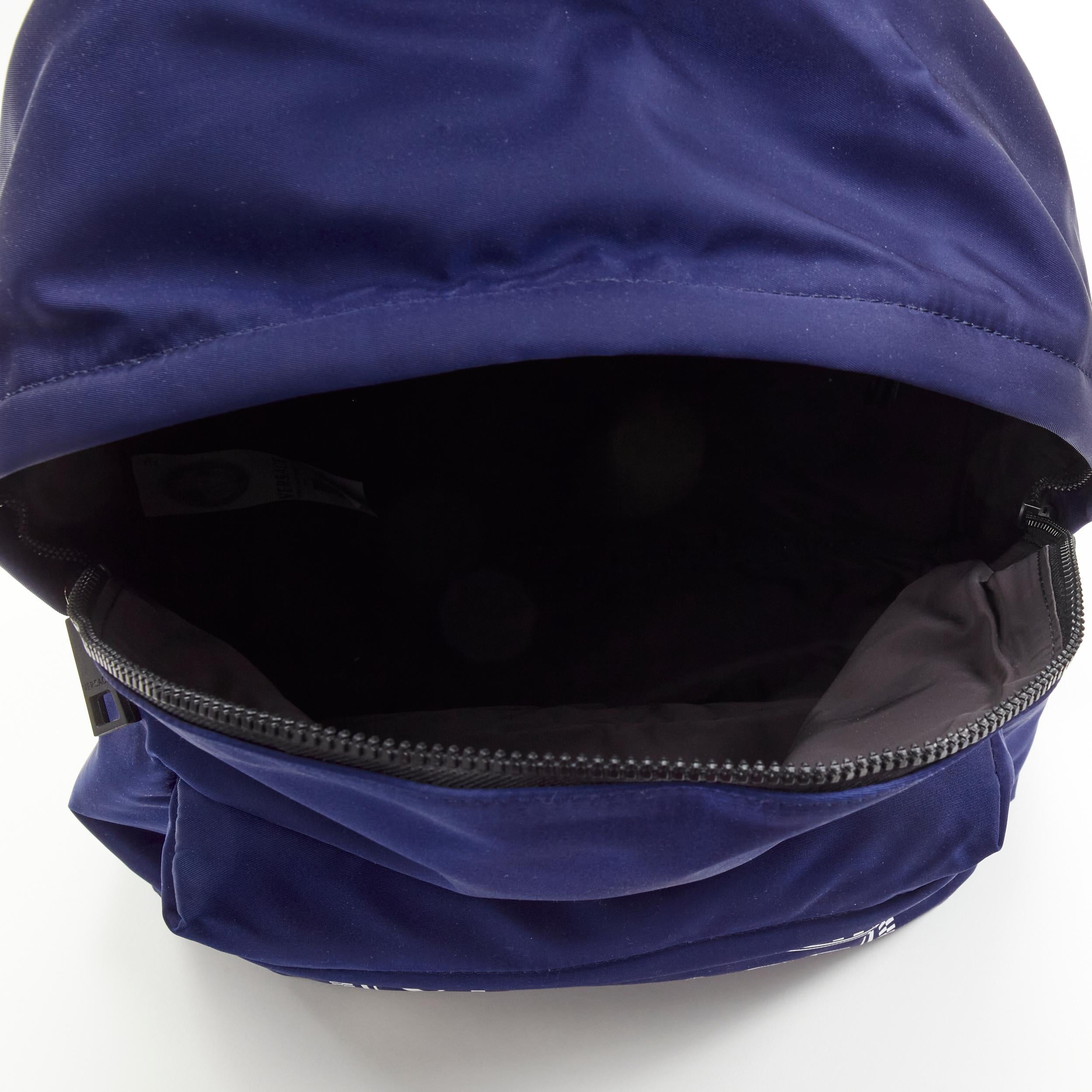 new VERSACE 90's Box Logo navy blue nylon Greca strap backpack For Sale 1