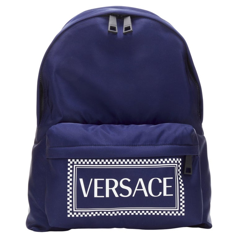 new VERSACE 90's Box Logo navy blue nylon Greca strap backpack For Sale ...