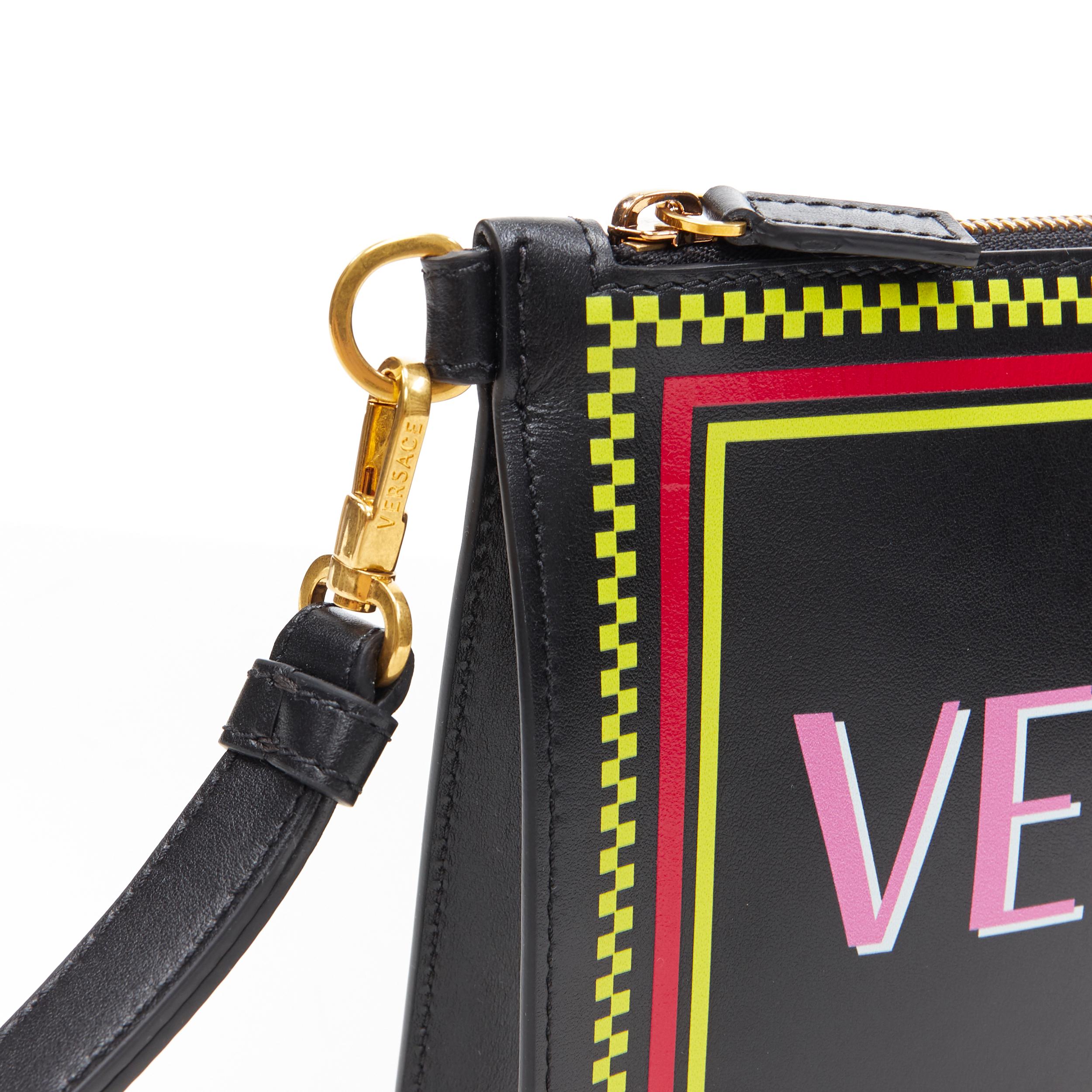 new VERSACE 90's logo print black leather top zip clutch crossbody strap bag 2