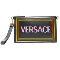 new VERSACE 90's logo print black leather top zip clutch crossbody strap bag