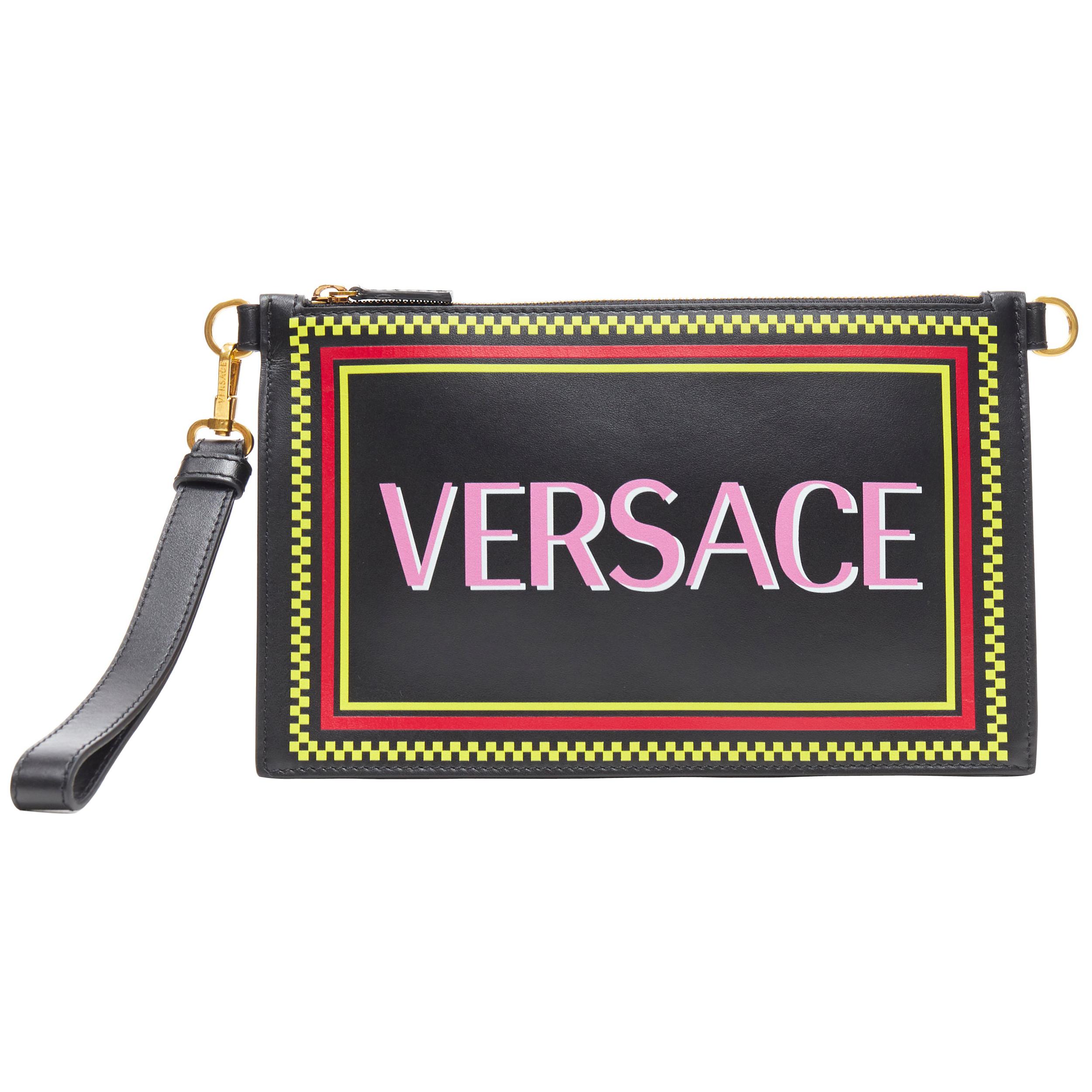 new VERSACE 90's logo print black leather zip wristlet clutch crossbody bag
