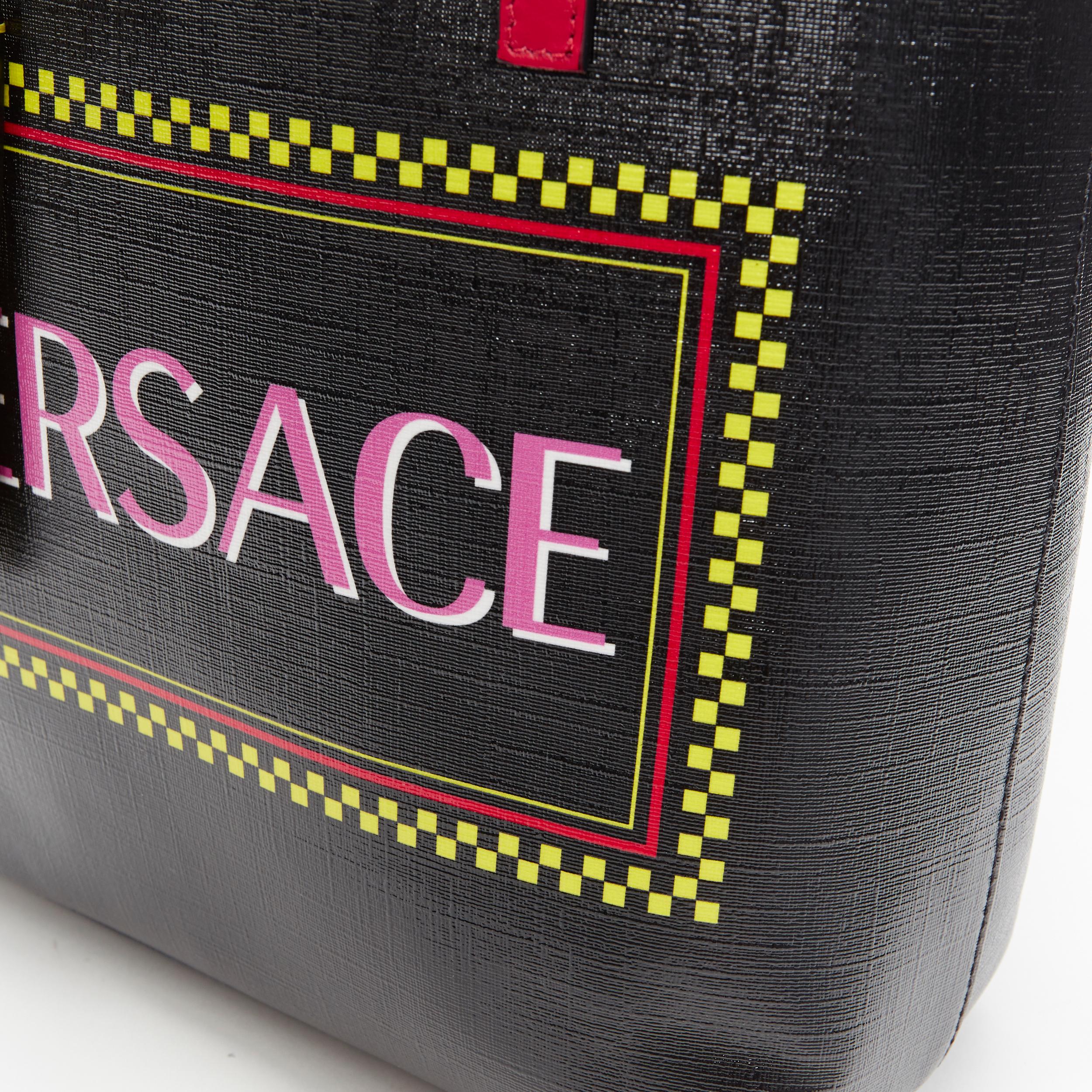 new VERSACE 90's logo print black saffiano leather yellow V tag small tote bag 4