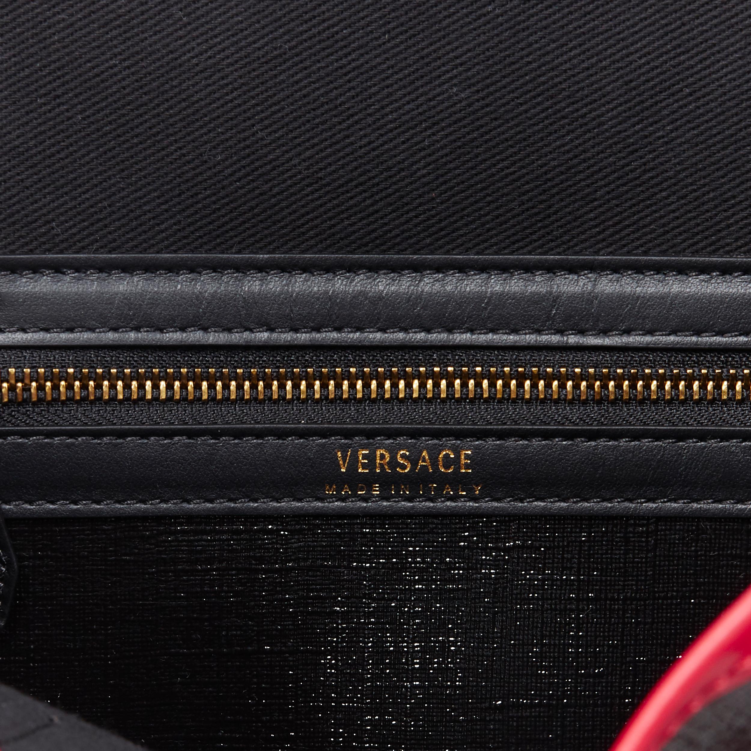 new VERSACE 90's logo print black saffiano leather yellow V tag small tote bag 6