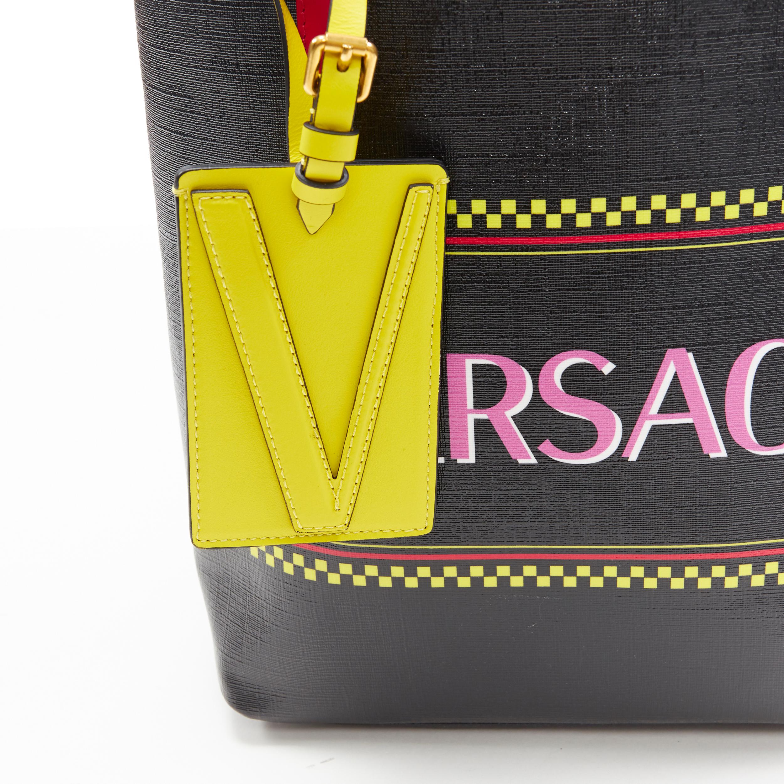 new VERSACE 90's logo print black saffiano leather yellow V tag small tote bag 1