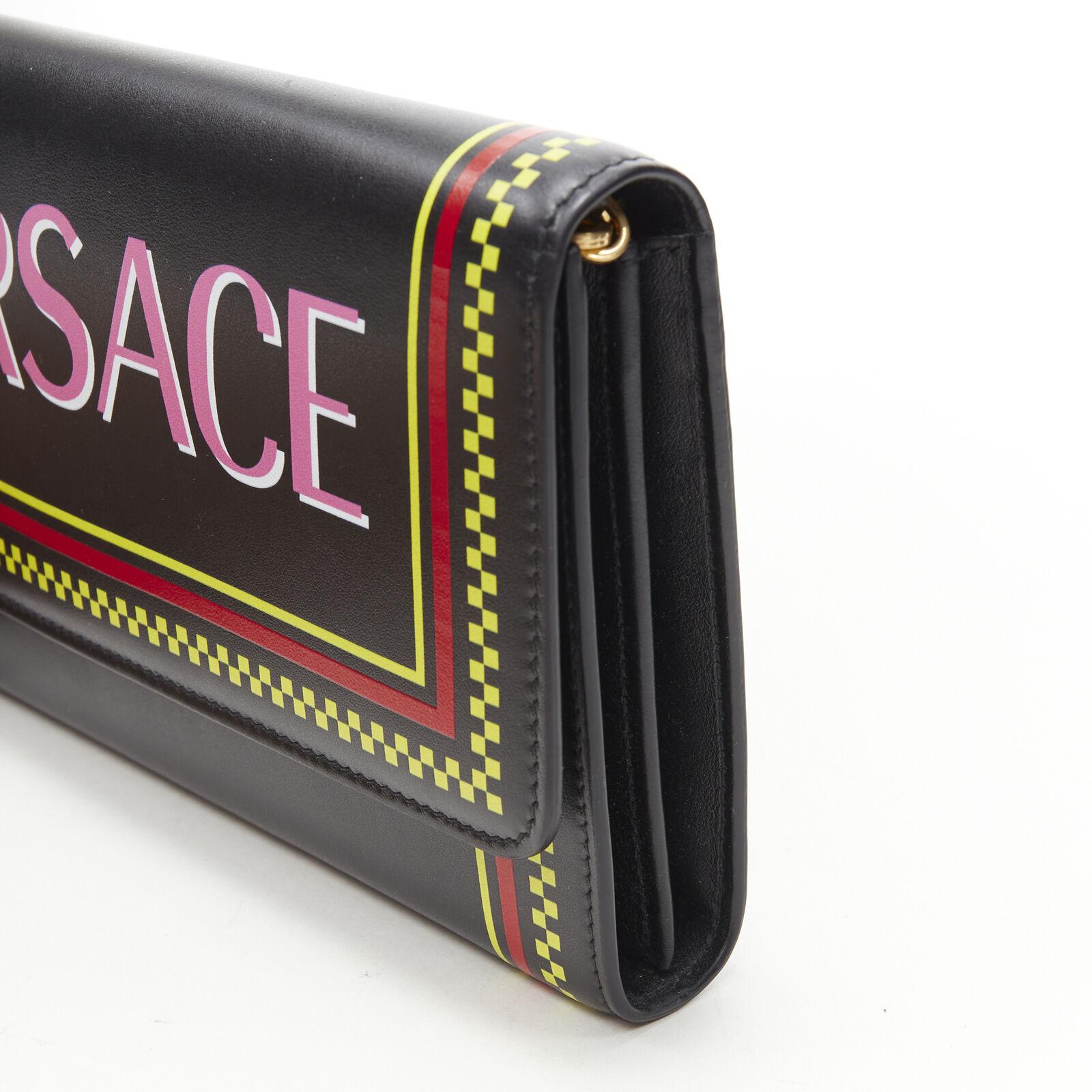 new VERSACE 90s pink logo black leather WOC flap clutch crossbody bag In New Condition In Hong Kong, NT