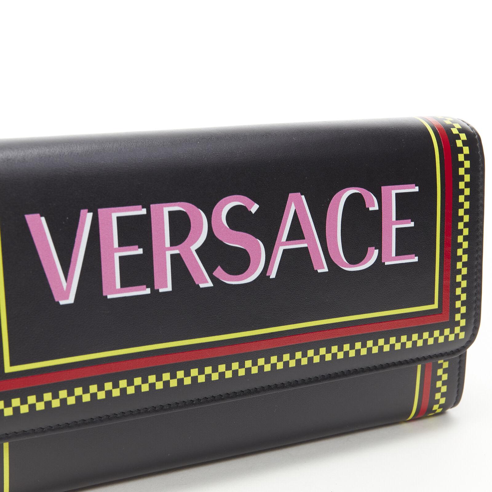 Women's new VERSACE 90s pink logo black leather WOC flap clutch crossbody bag