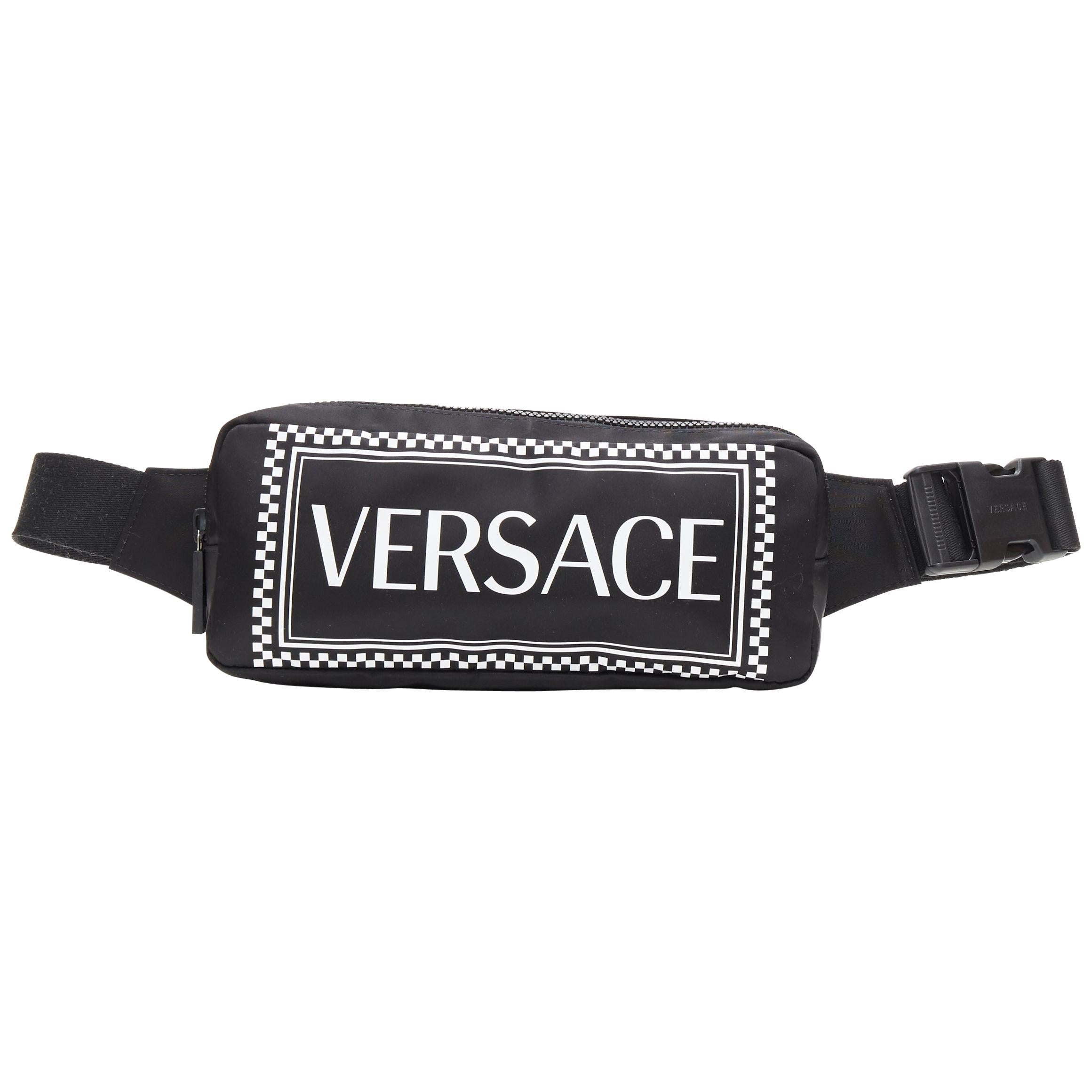 new VERSACE 90's vintage box logo print black nylon crossbody waist belt bag