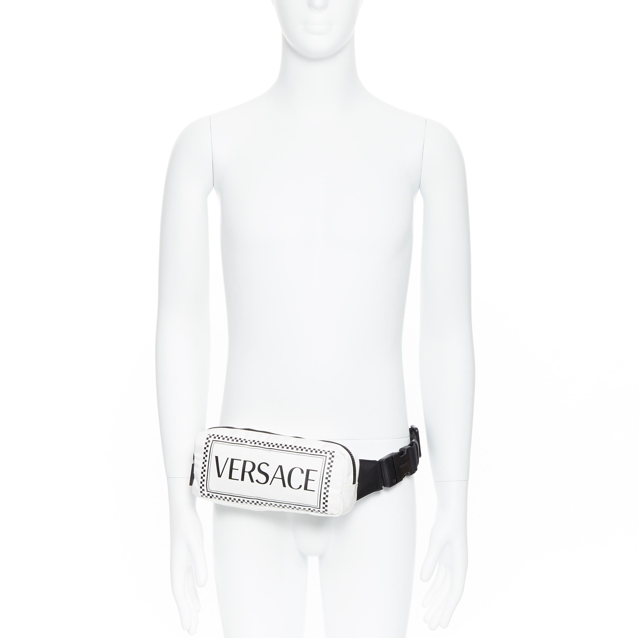 Gray new VERSACE 90's Vintage Logo white nylon sporst strap crossbody waist belt bag