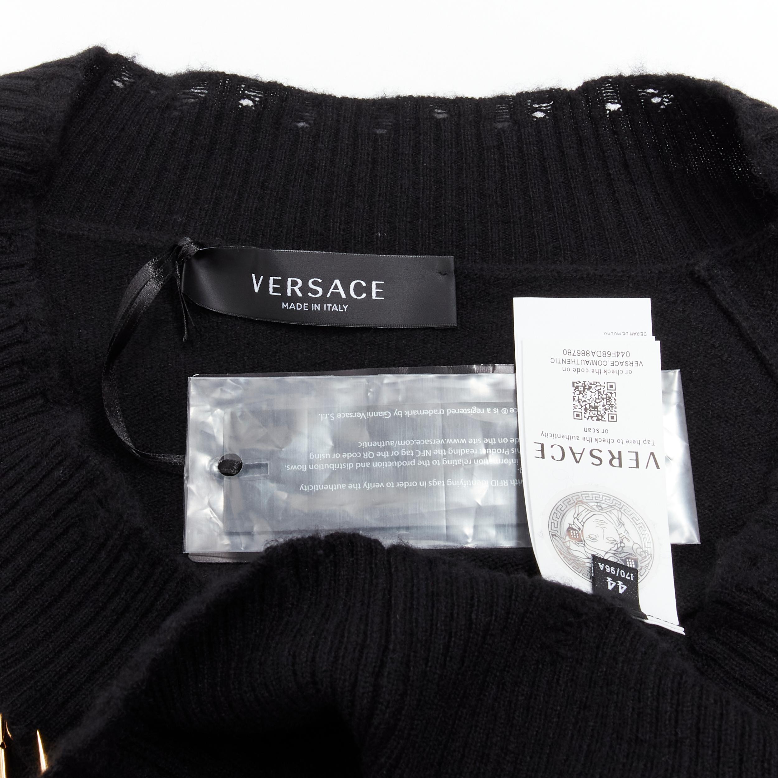 new VERSACE 95% cashmere wool punk gold Medusa  pin distressed dress IT44 L For Sale 2