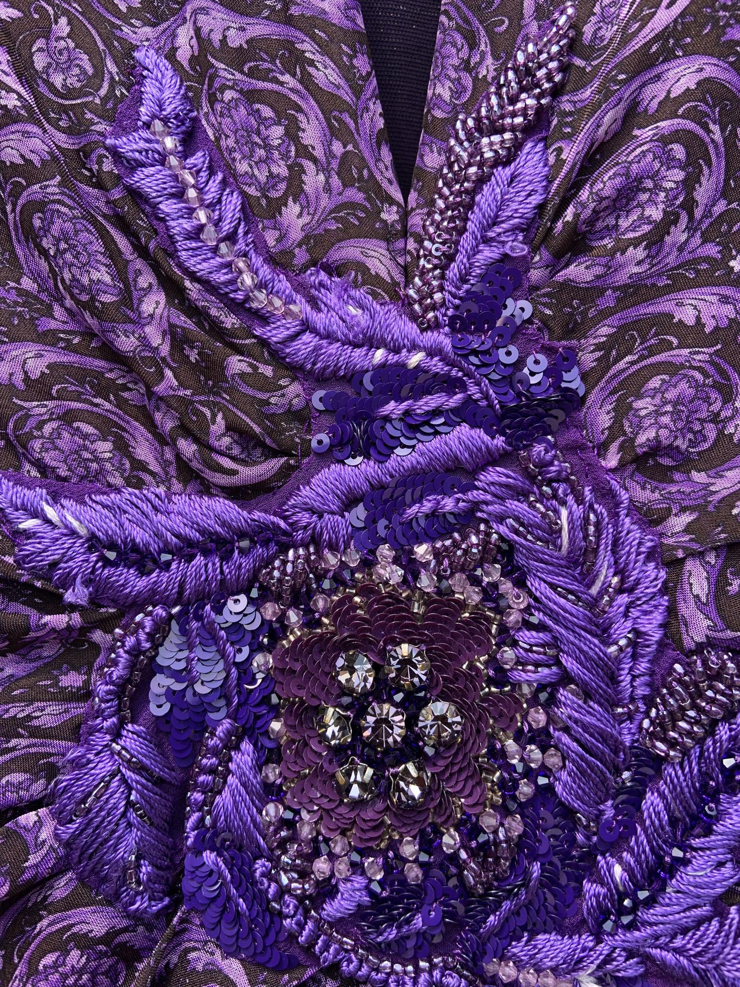 New Versace $9875 Silk Mixed Print Deep Plunge Embellished Dress Gown Italian 38 For Sale 5