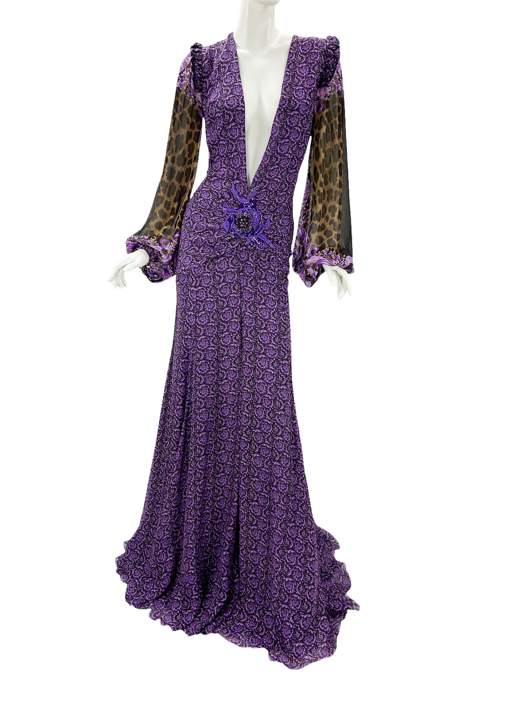 Black New Versace $9875 Silk Mixed Print Deep Plunge Embellished Dress Gown Italian 38 For Sale