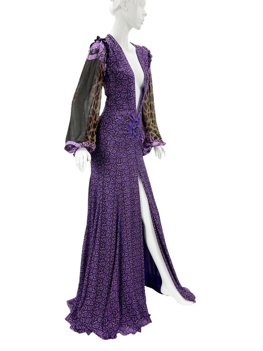 New Versace $9875 Silk Mixed Print Deep Plunge Embellished Dress Gown Italian 38 In New Condition For Sale In Montgomery, TX