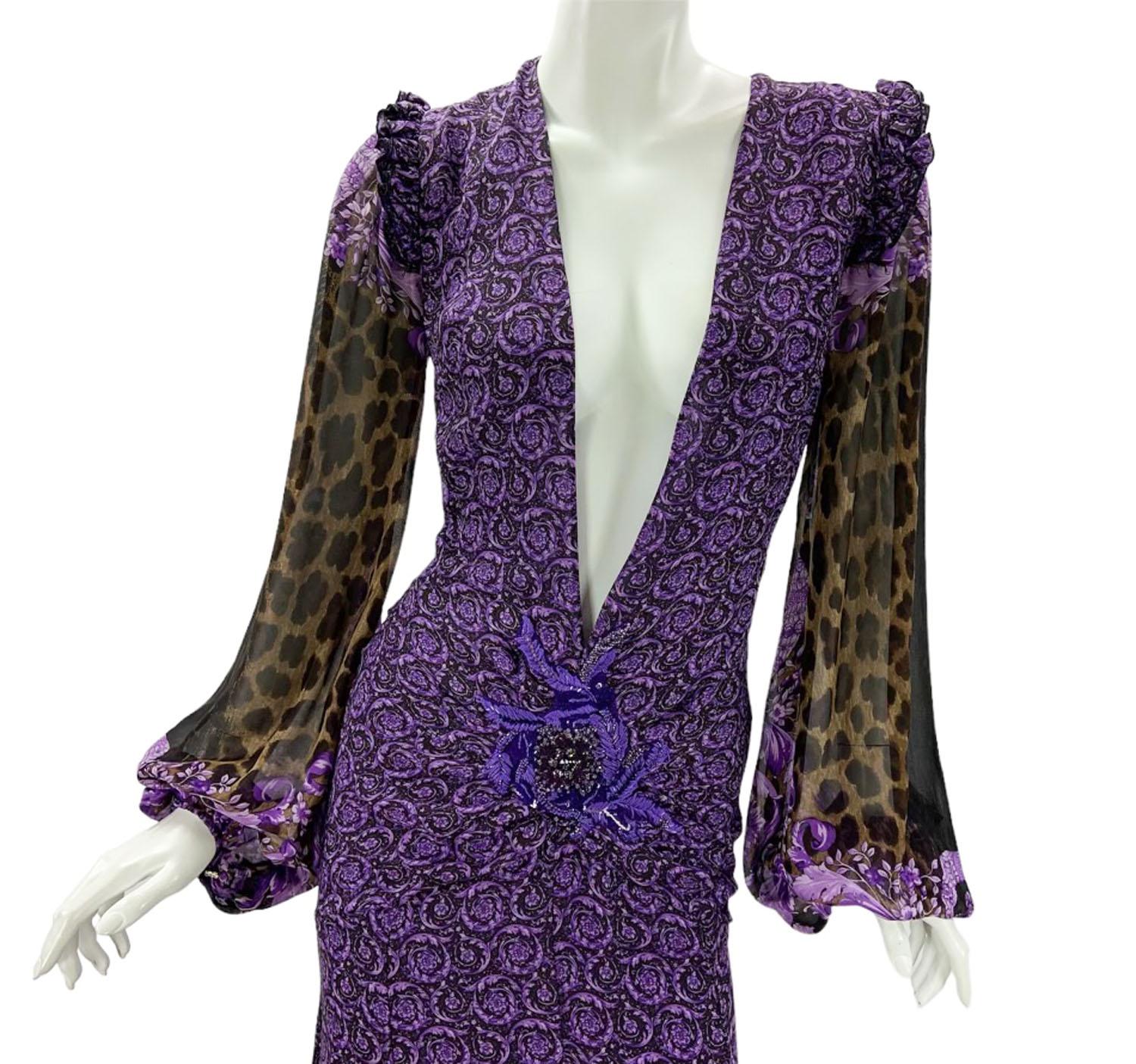 New Versace $9875 Silk Mixed Print Deep Plunge Embellished Dress Gown Italian 38 For Sale 2