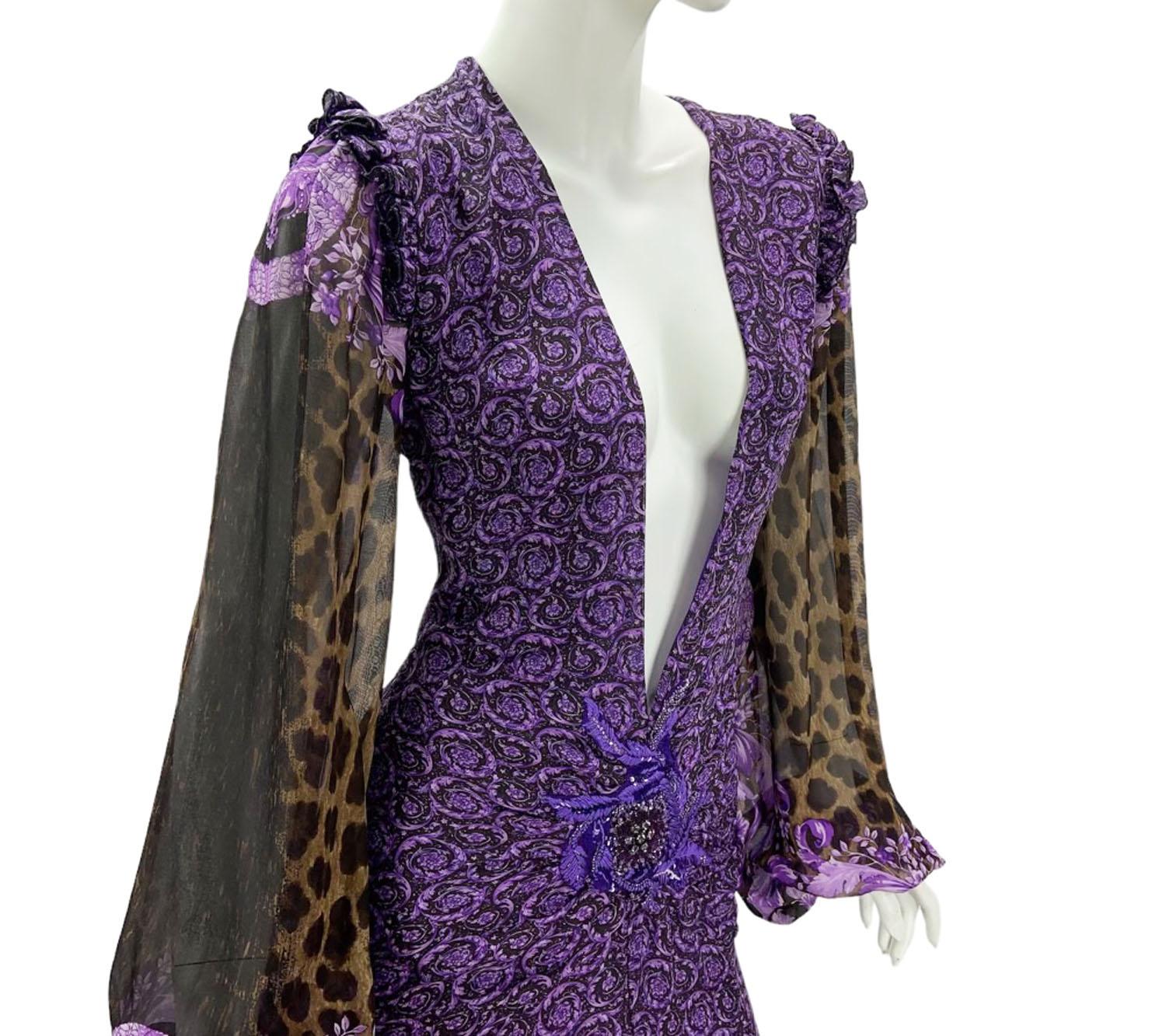 New Versace $9875 Silk Mixed Print Deep Plunge Embellished Dress Gown Italian 38 For Sale 3