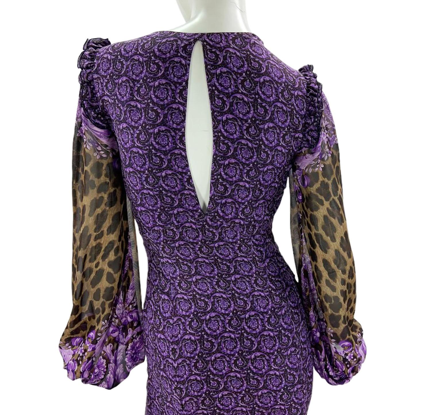 New Versace $9875 Silk Mixed Print Deep Plunge Embellished Dress Gown Italian 38 For Sale 4