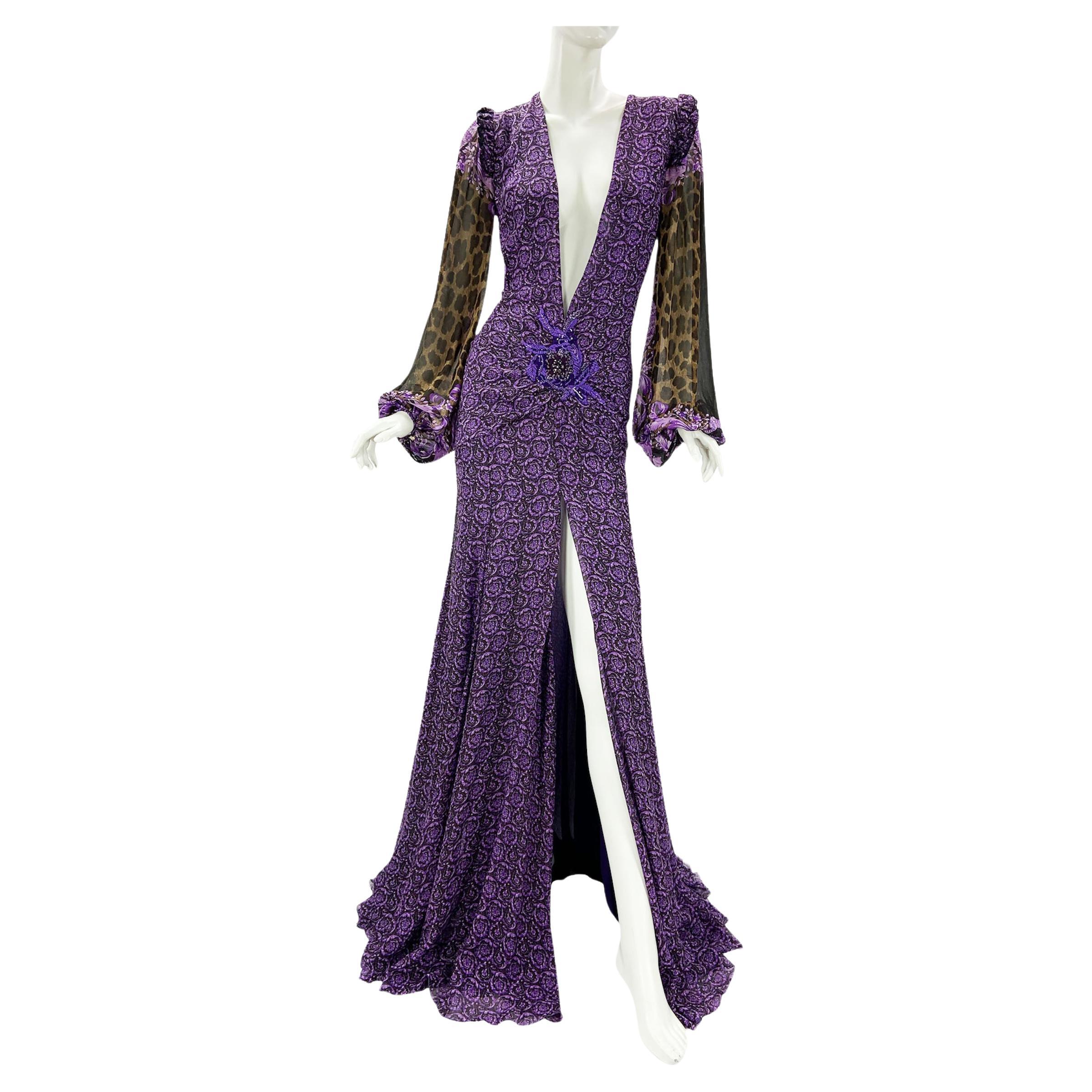 New Versace $9875 Silk Mixed Print Deep Plunge Embellished Dress Gown Italian 38 For Sale