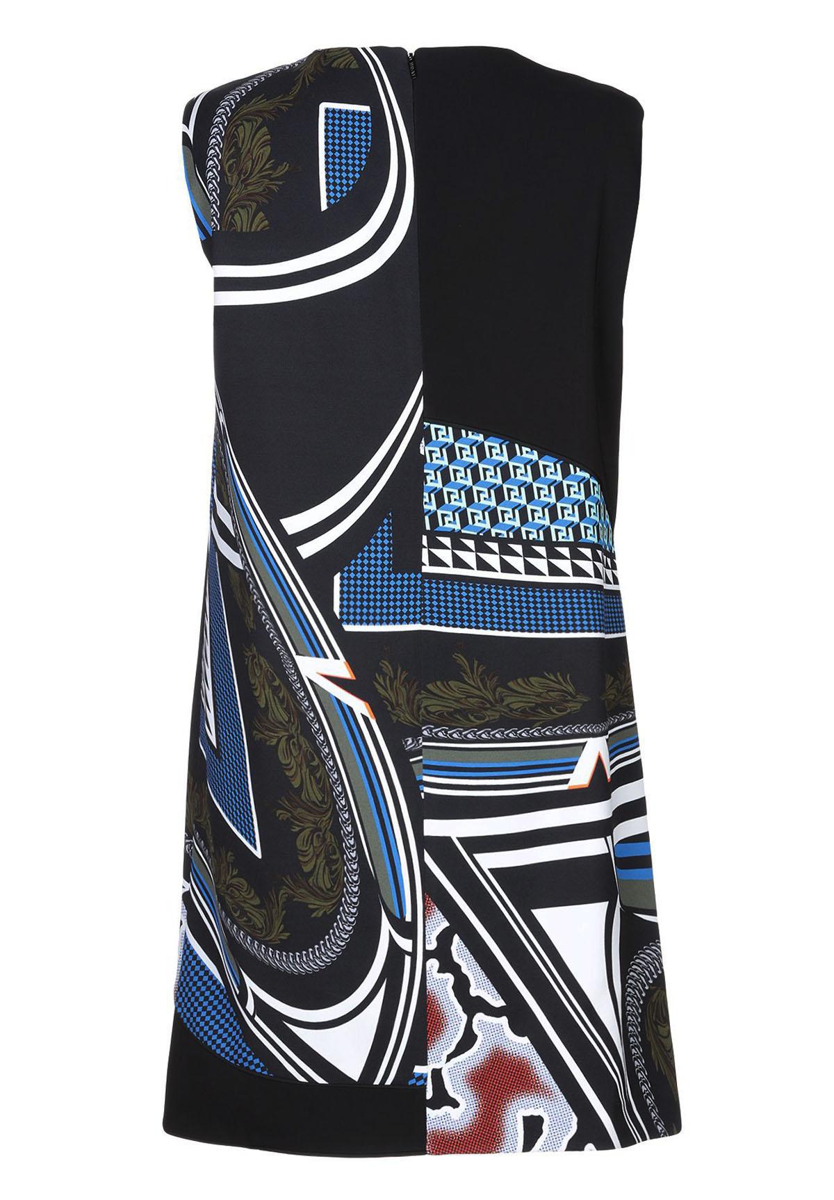 New Versace Multicolor Short Dress
Designer size 44
Designed for a comfortable fit, Multi-color Pattern, Round Collar, Sleeveless, No Pockets, Rear Zip Closure, Fully Lined, Trapeze Style.
Measurements: Length - 36 inches,  Bust - 38