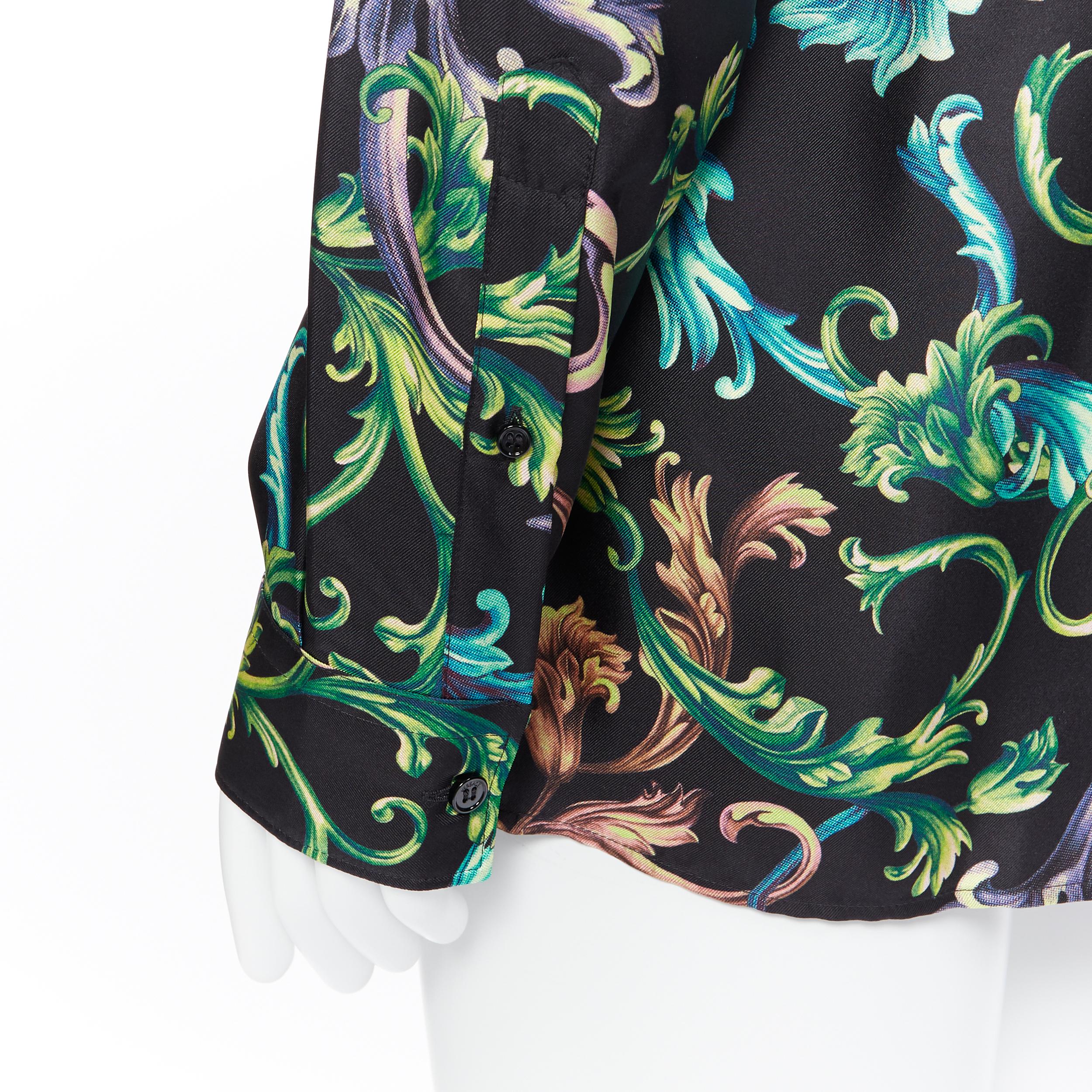 new VERSACE  Acid Baroque black green blue floral 100% silk shirt EU38 S 2