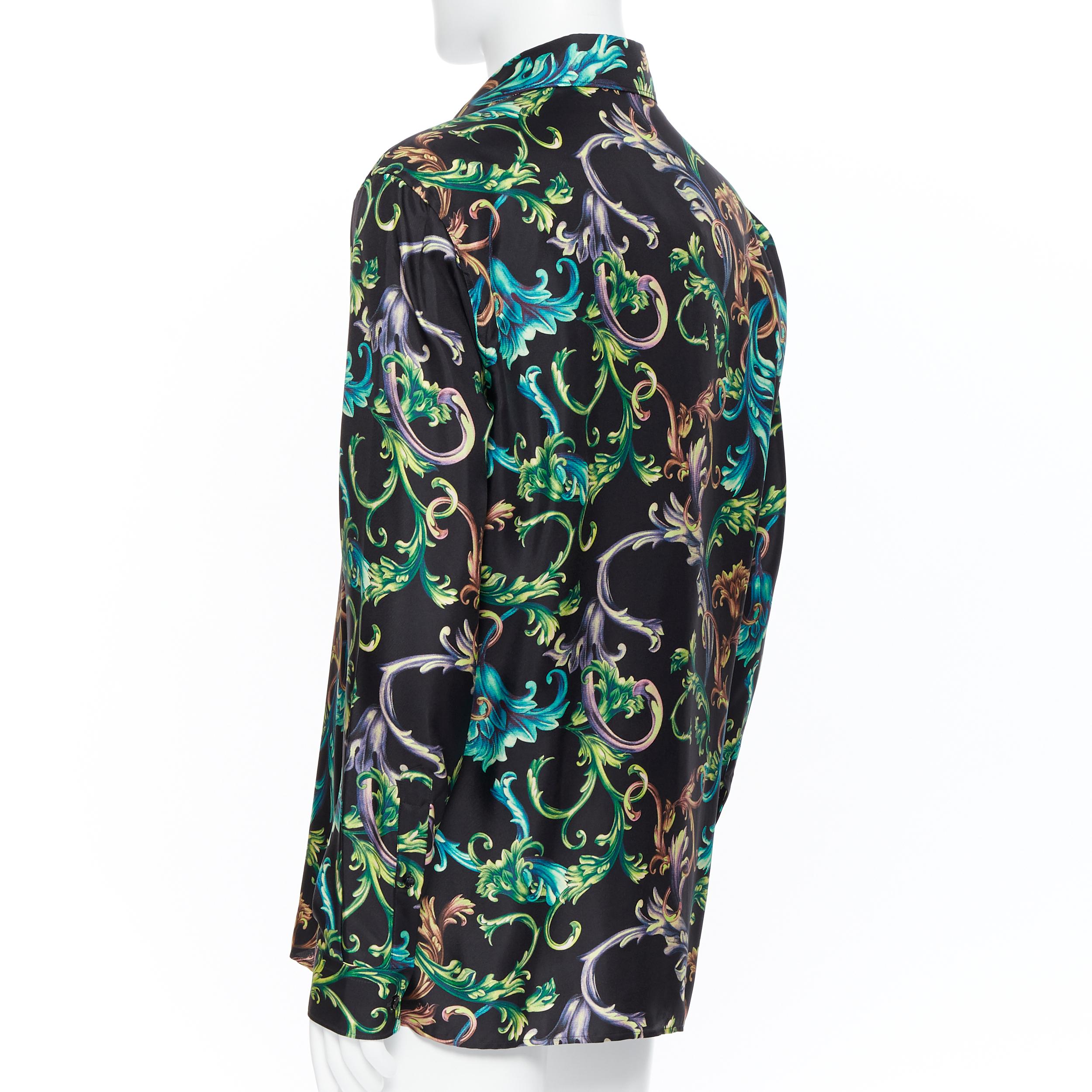 Black new VERSACE  Acid Baroque black green blue floral 100% silk shirt EU38 S