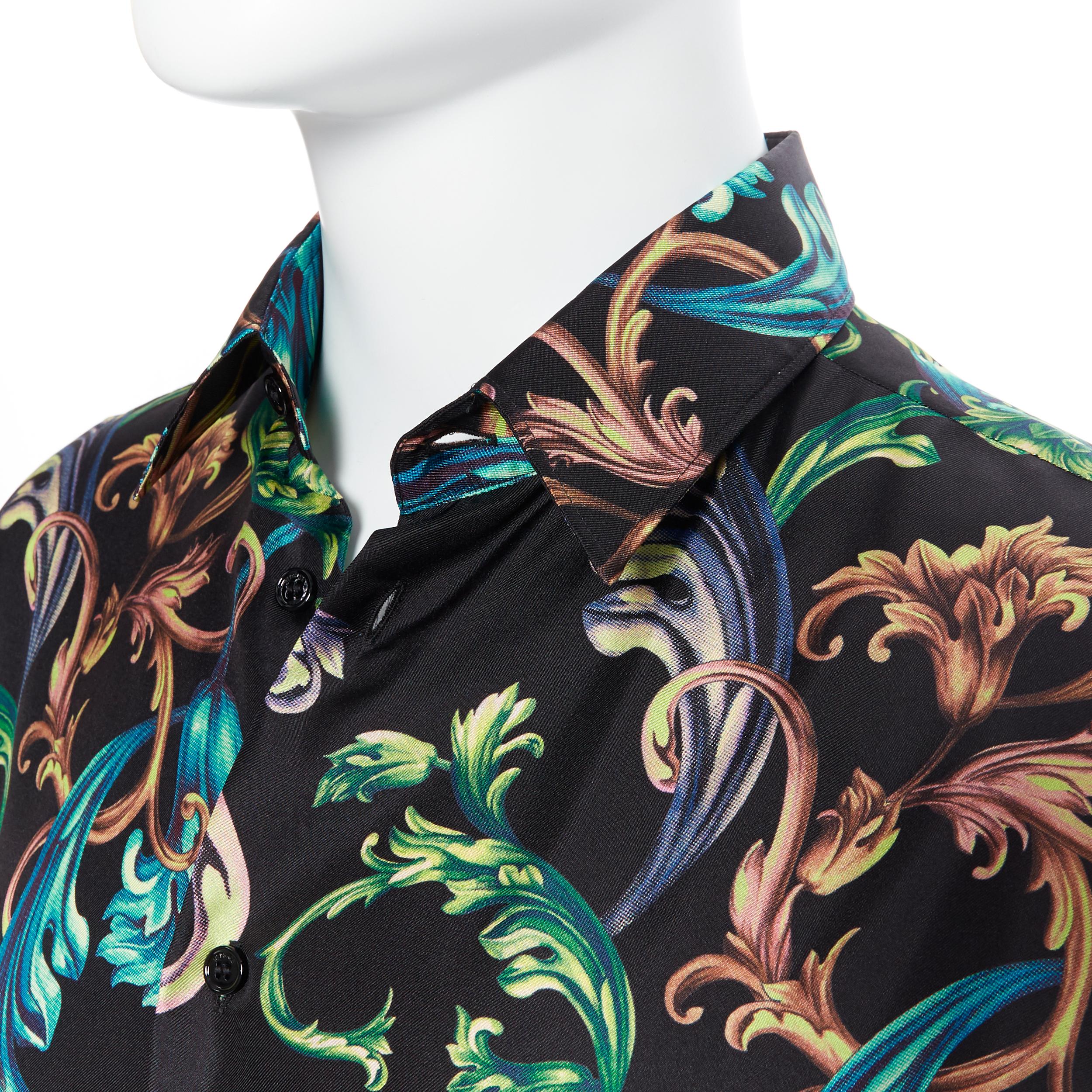 Men's new VERSACE  Acid Baroque black green blue floral 100% silk shirt EU38 S