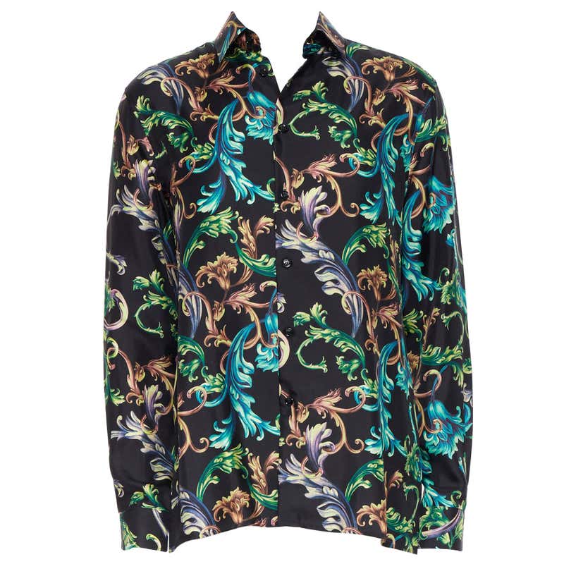 new VERSACE Acid Baroque black green blue floral 100% silk shirt EU38 S ...