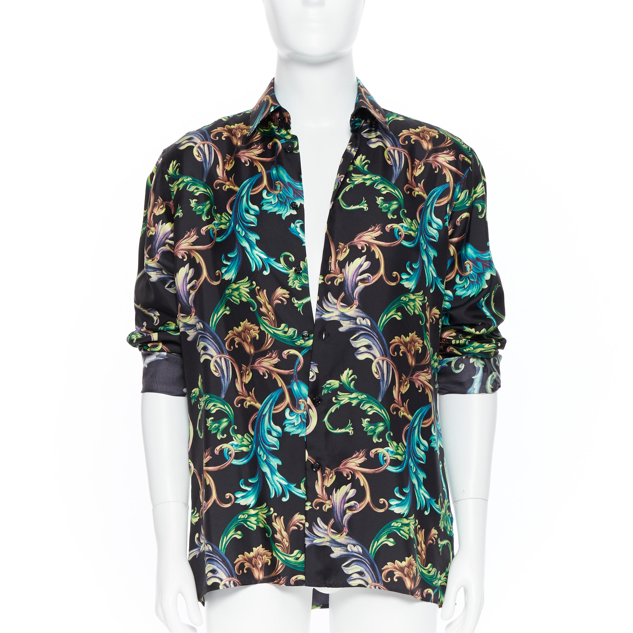 new VERSACE  Acid Baroque black green blue floral 100% silk shirt EU38 S
Brand: Versace
Designer: Donatella Versace
Collection: 2018
As seen on: Korean pop group Monsta X
Model Name / Style: Silk shirt
Material: Silk
Color: Black, green,