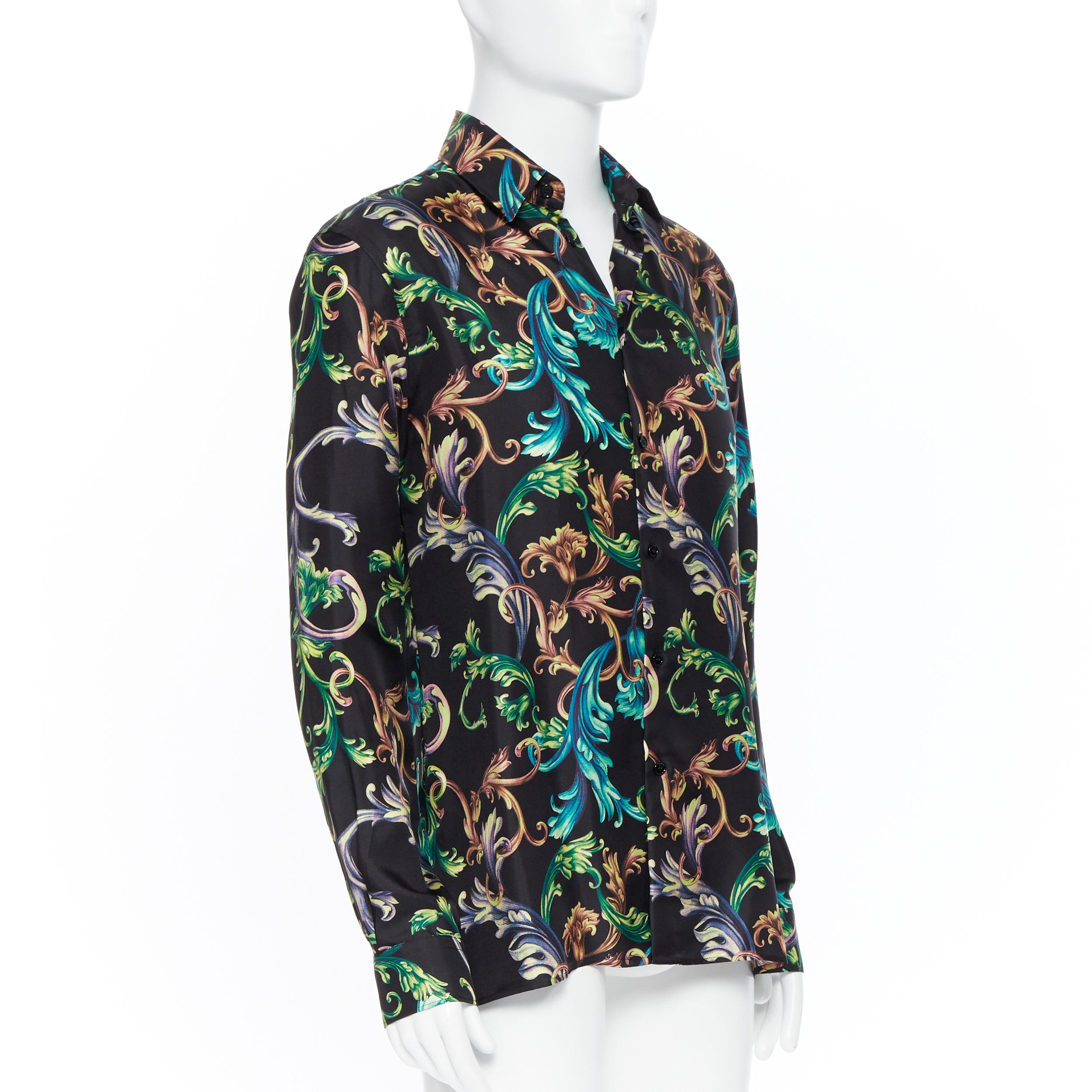 Black new VERSACE  Acid Baroque black green blue floral 100% silk shirt EU40 L