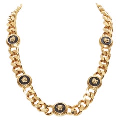 new VERSACE antique gold tone nickel black enamel Medusa coin gold curb necklace