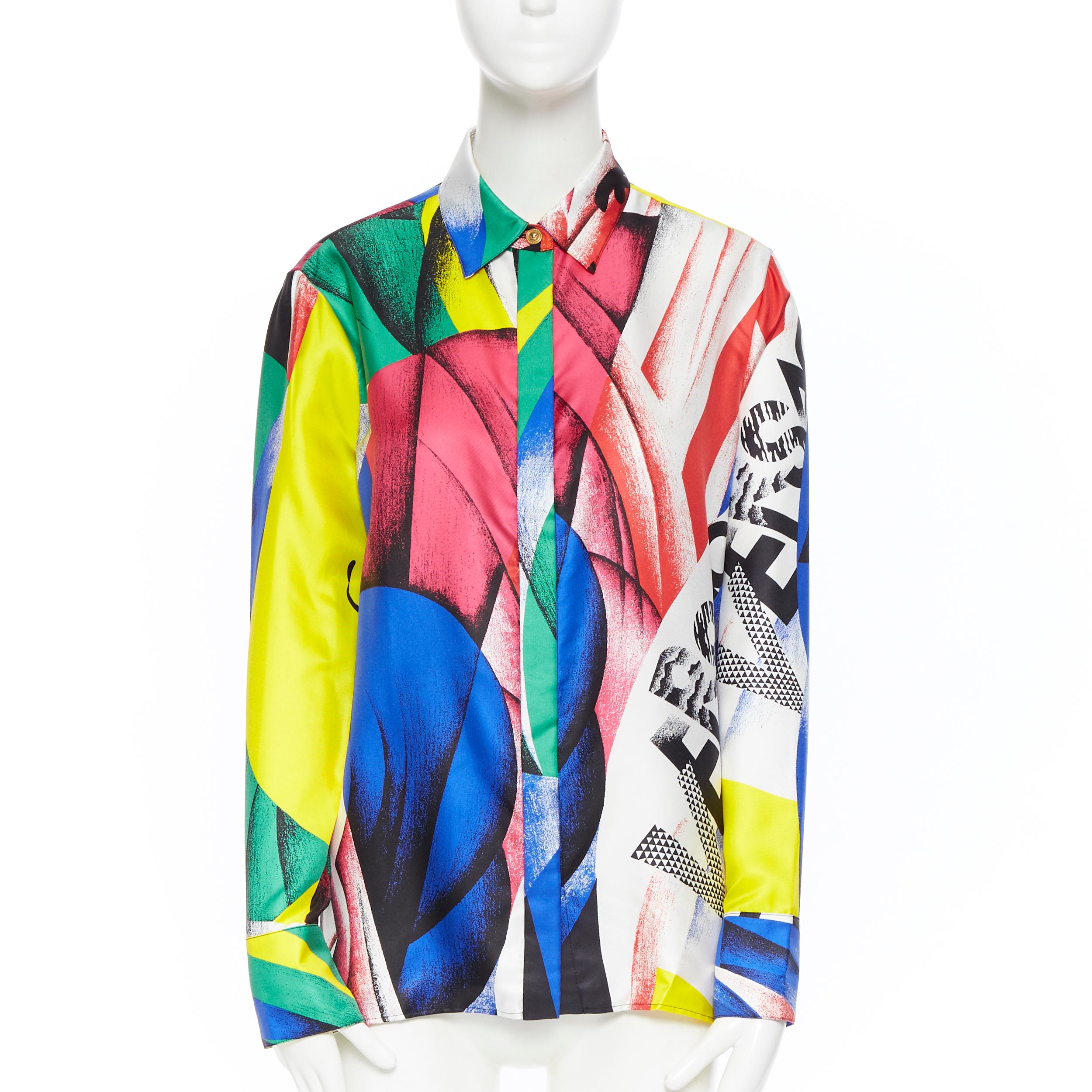 Beige new VERSACE AW18 100% silk Boccioni art colorblocked print Medusa shirt IT38 XS