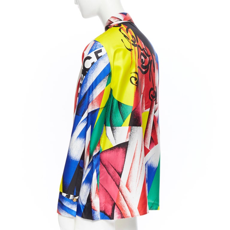 new VERSACE AW18 100% silk Boccioni art colorblocked print Medusa shirt ...