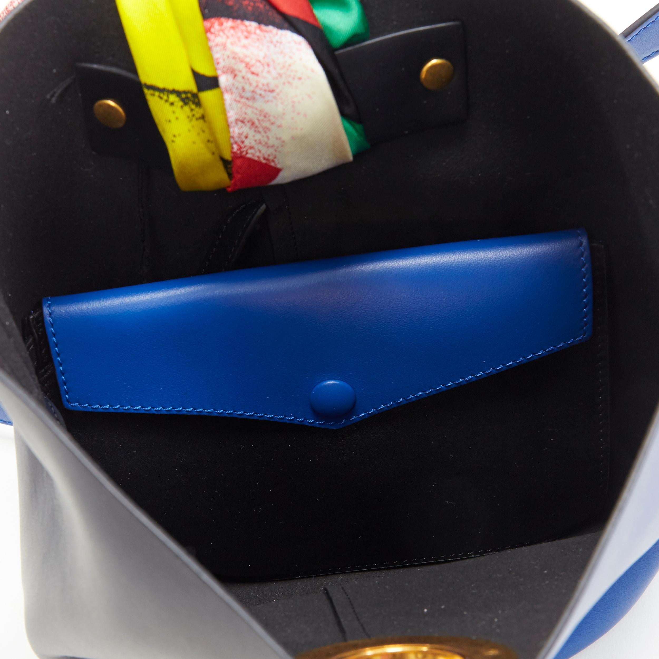 new VERSACE AW18 blue black calf leather Boccioni silk scarf tie bucket bag 3
