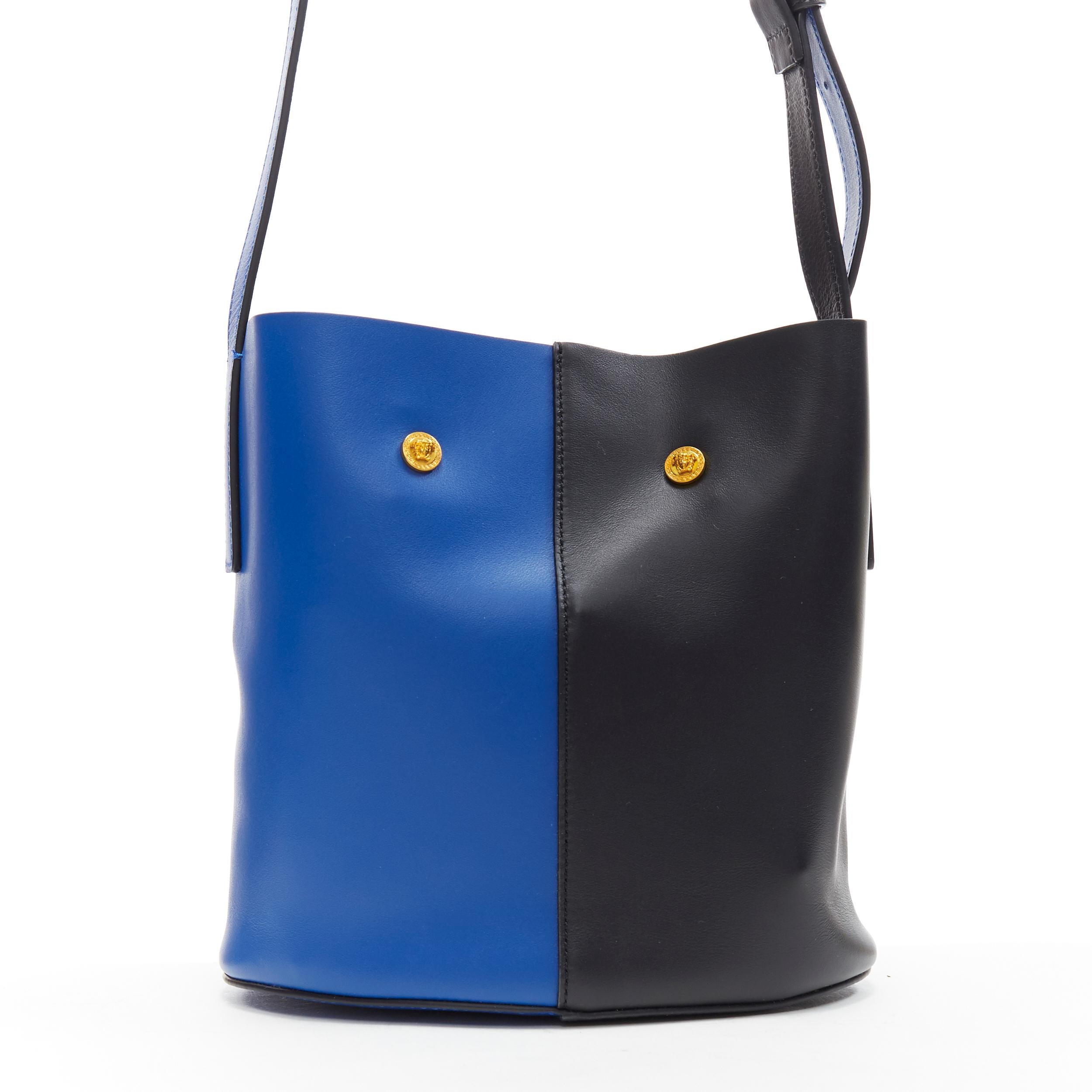 Blue new VERSACE AW18 blue black calf leather Boccioni silk scarf tie bucket bag