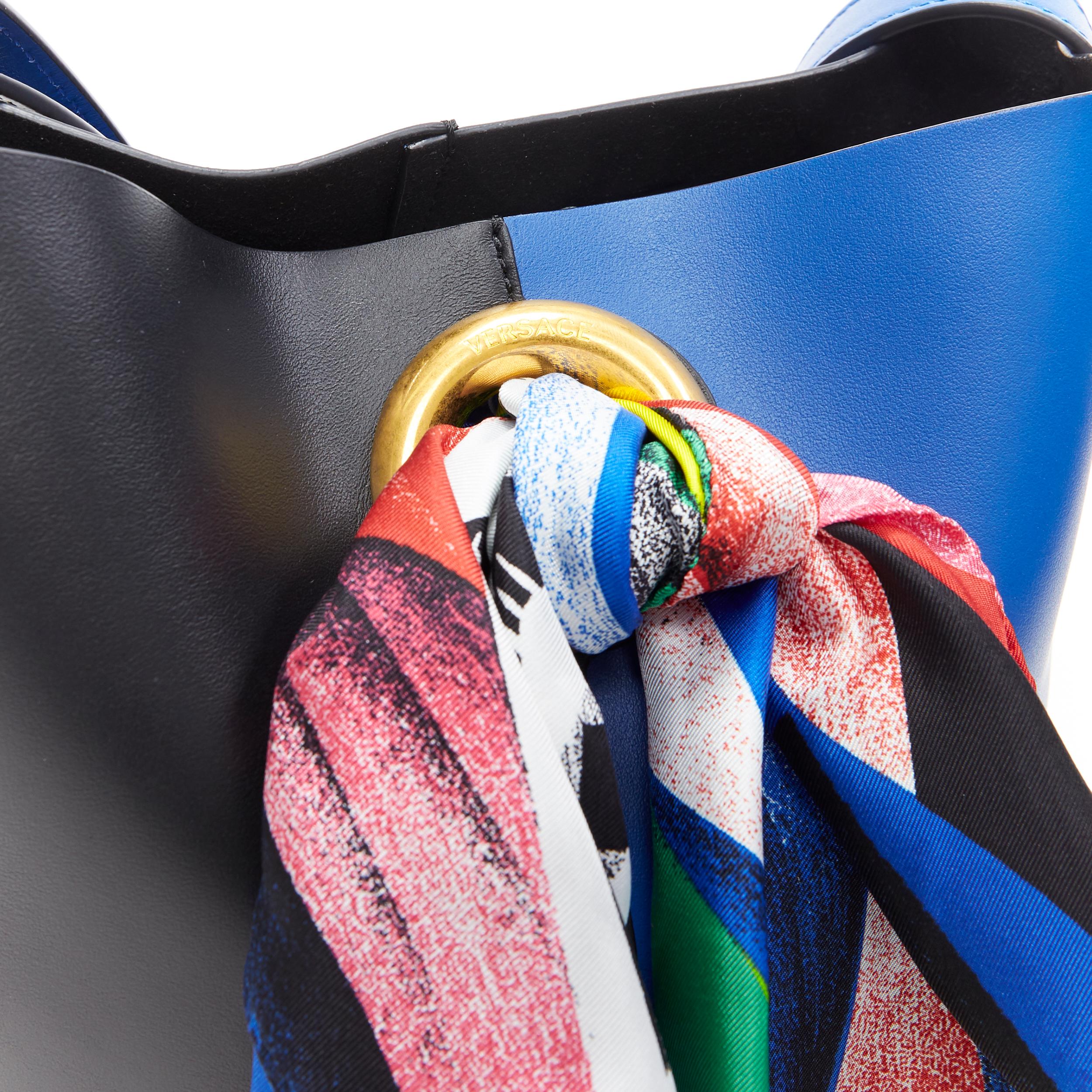 Women's new VERSACE AW18 blue black calf leather Boccioni silk scarf tie bucket bag