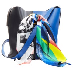 new VERSACE AW18 blue black calf leather Boccioni silk scarf tie bucket bag