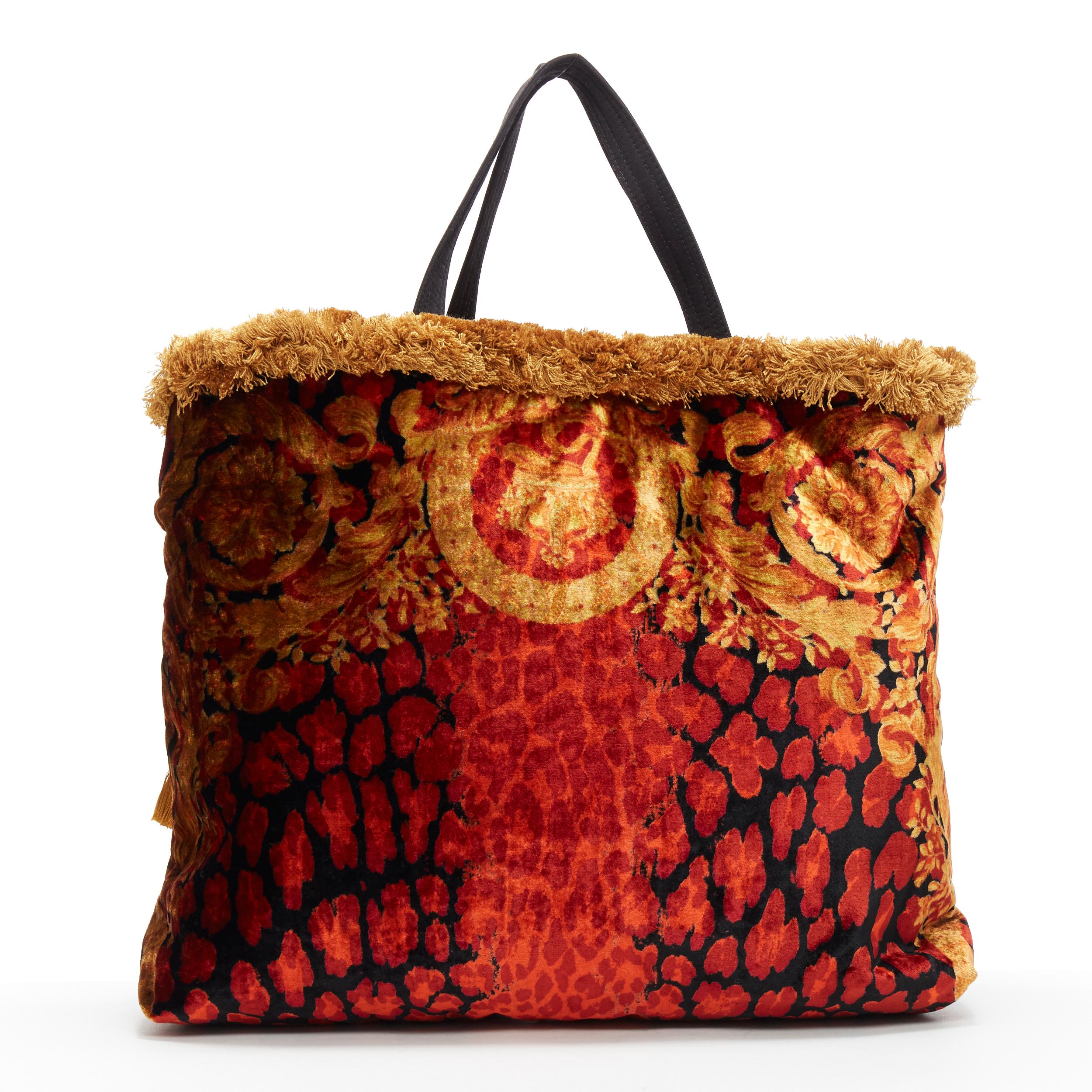 Black new VERSACE AW18 Pillow Talk red leopard velvet fringe trimmed large tote bag