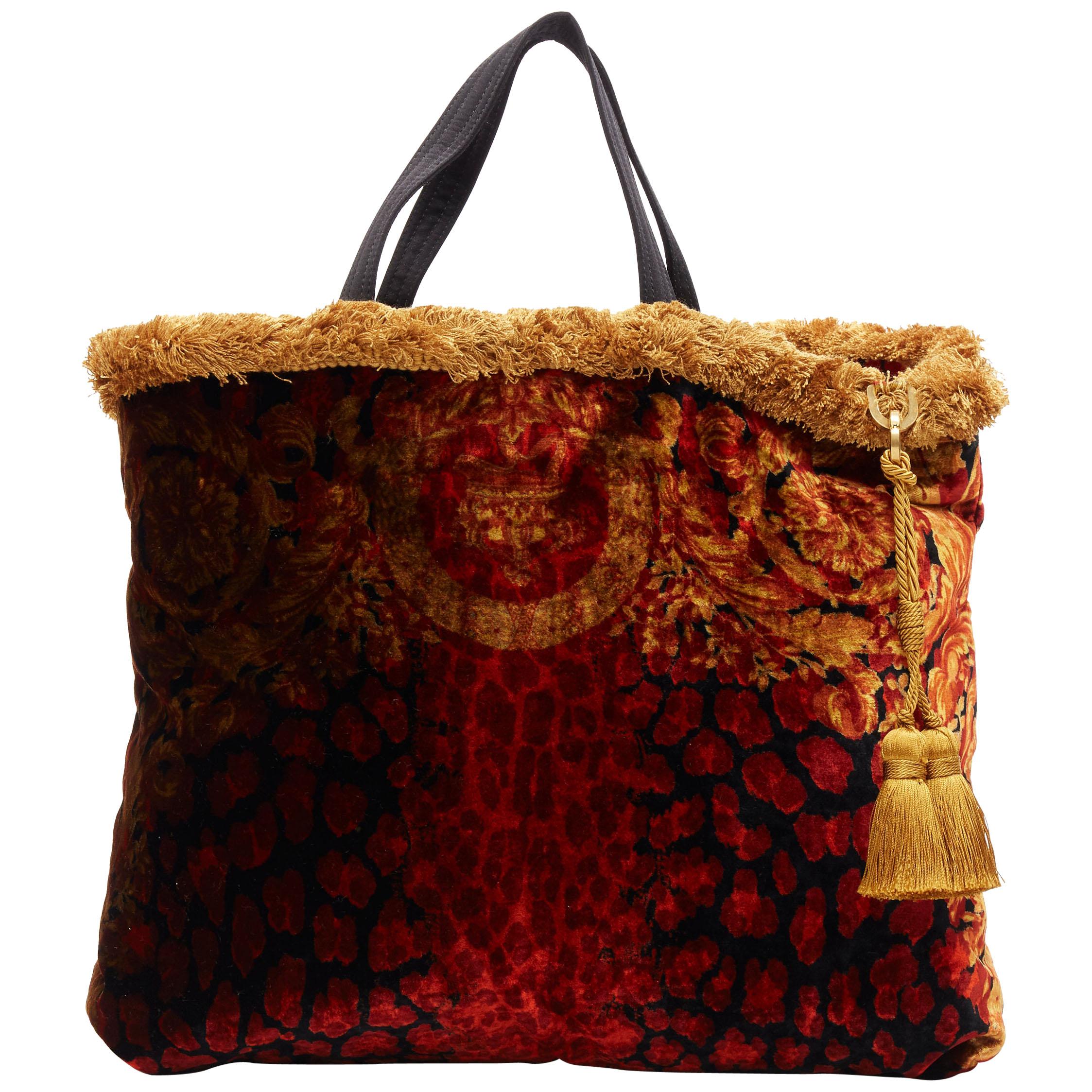 new VERSACE AW18 Pillow Talk red leopard velvet fringe trimmed large tote bag