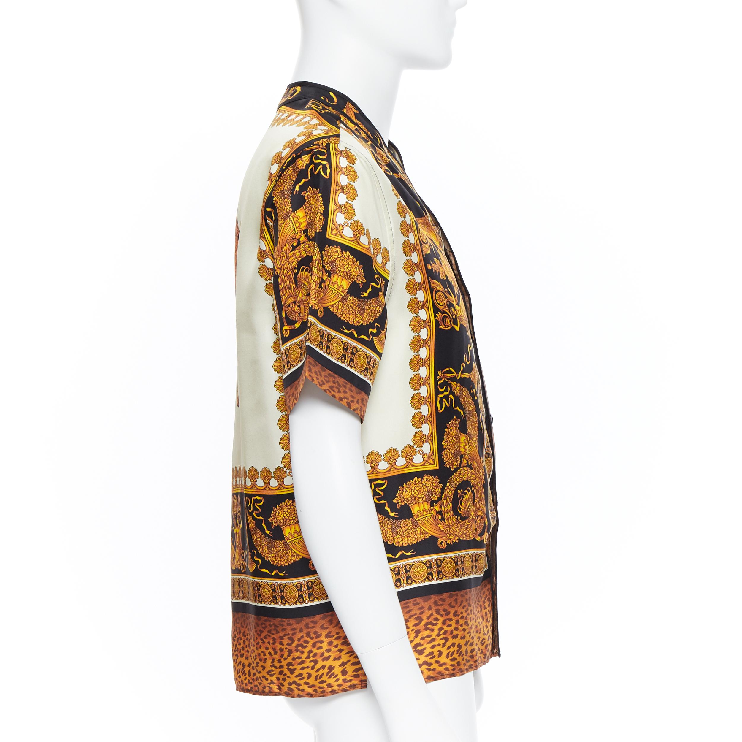 Brown new VERSACE AW18 Runway 100% silk Wild Leopard baroque black gold shirt XL EU41