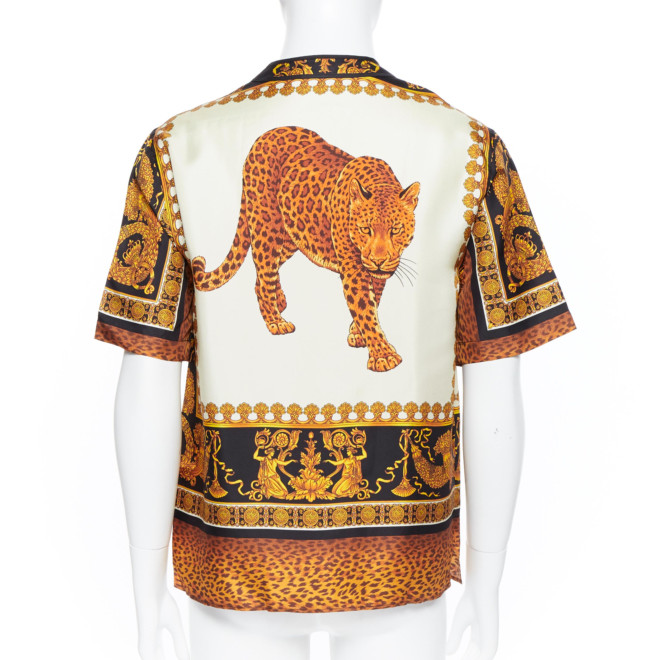 Men's new VERSACE AW18 Runway 100% silk Wild Leopard baroque black gold shirt XS EU37