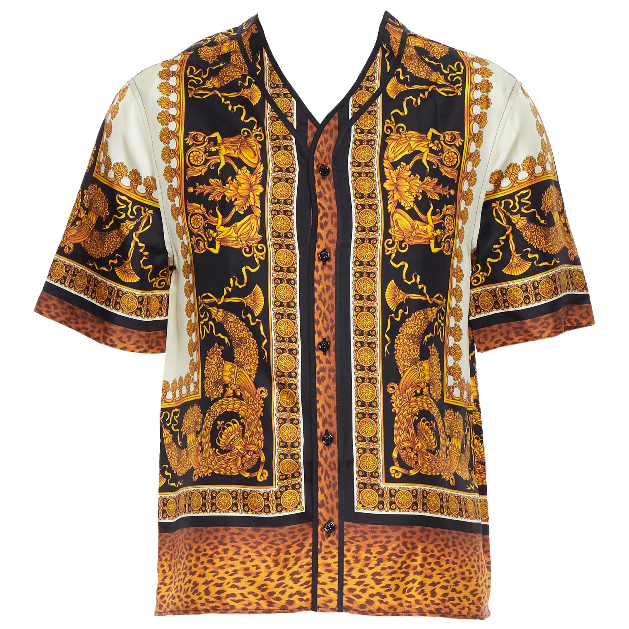 new VERSACE AW18 Runway 100% silk Wild Leopard baroque black gold shirt XS EU37