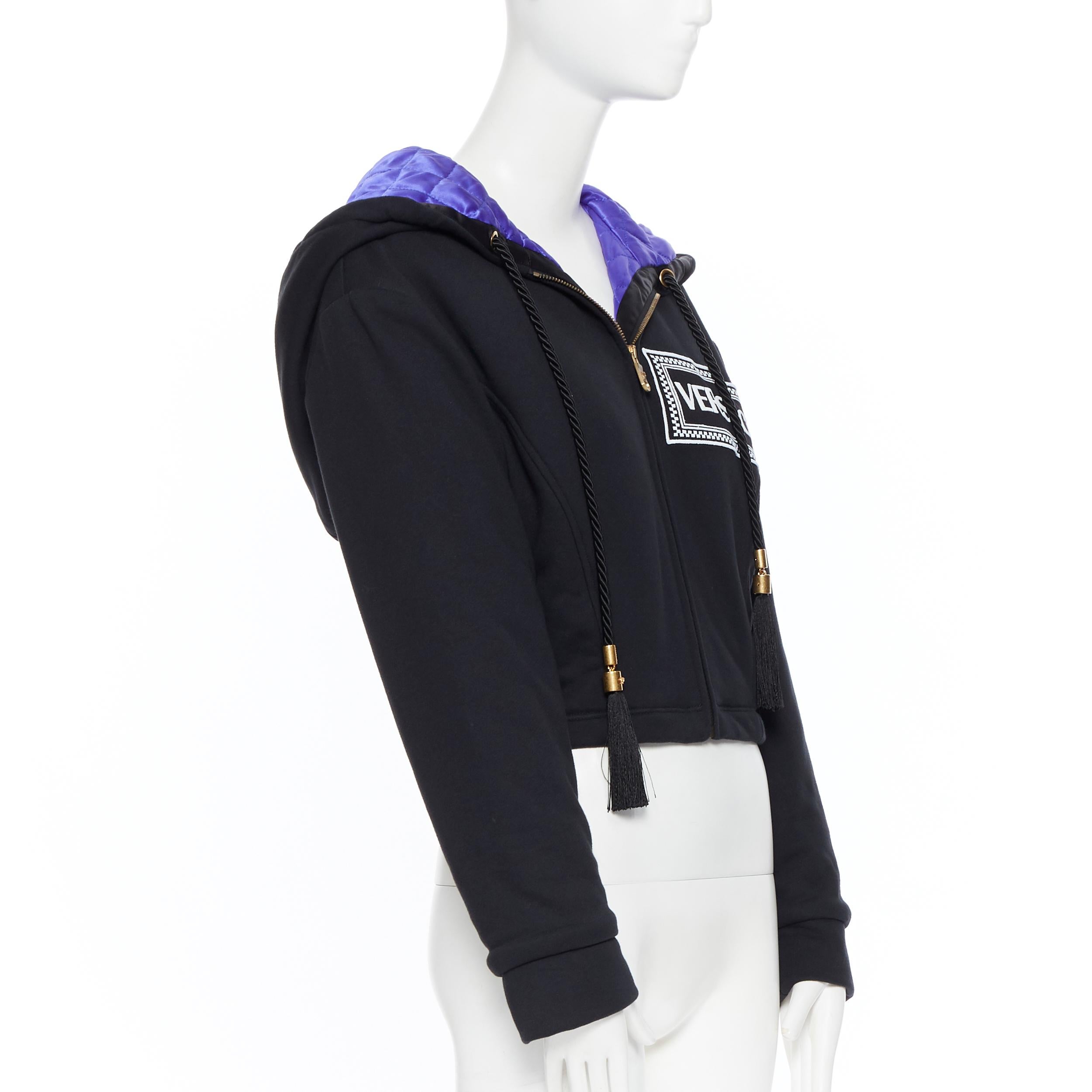 Black new VERSACE AW18 Runway black logo purple quilted lining zip cropped hoodie S