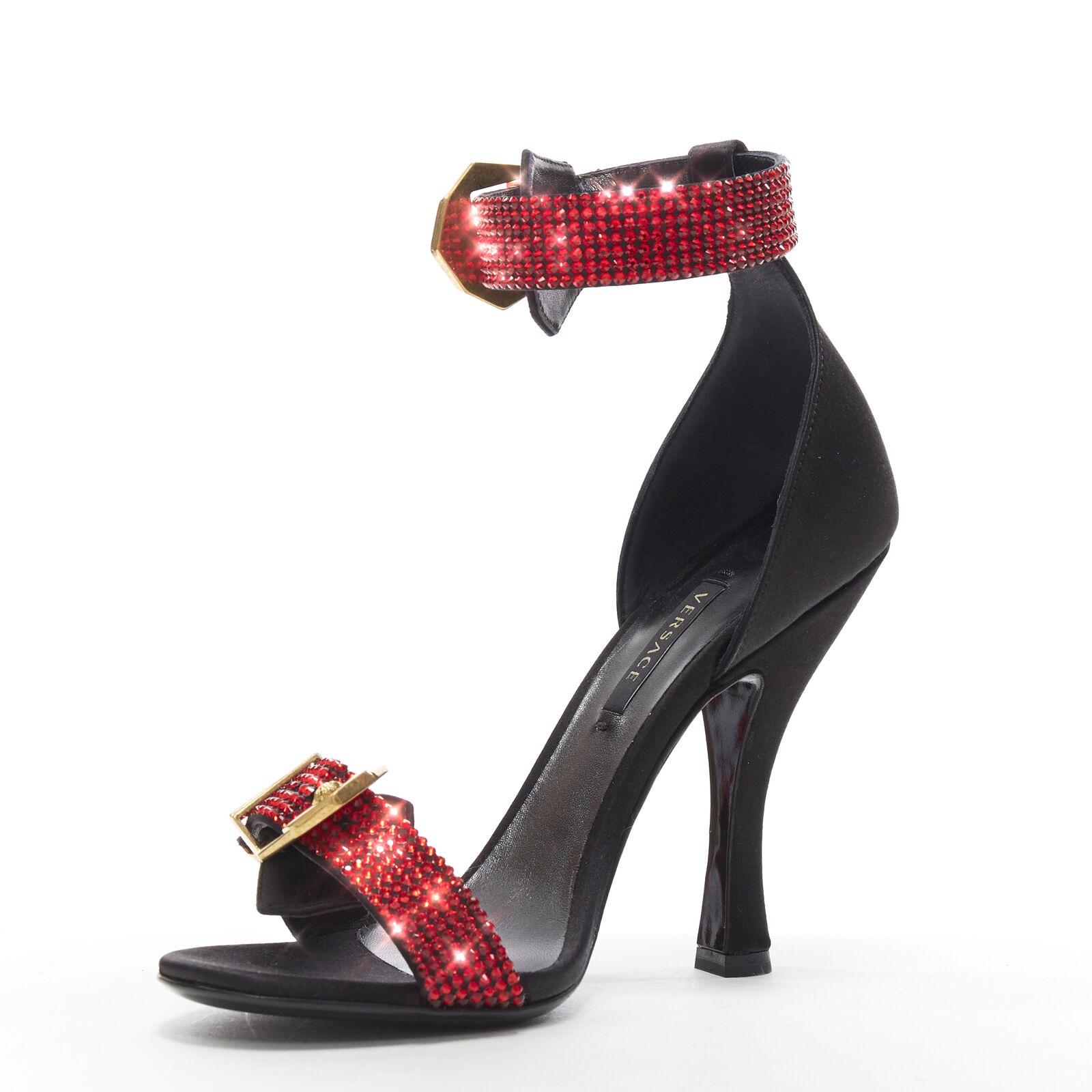 Black new VERSACE AW18 Runway red strass crystal gold buckle strappy sandal EU37