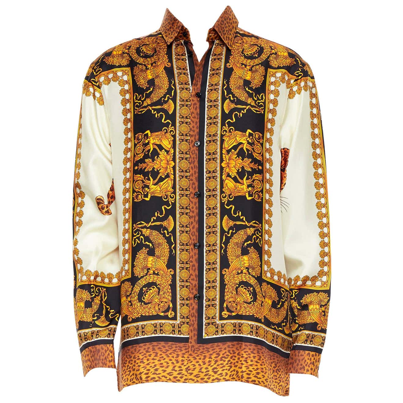 new VERSACE AW18 Runway Wild Leopard gold baroque print 100% silk shirt ...